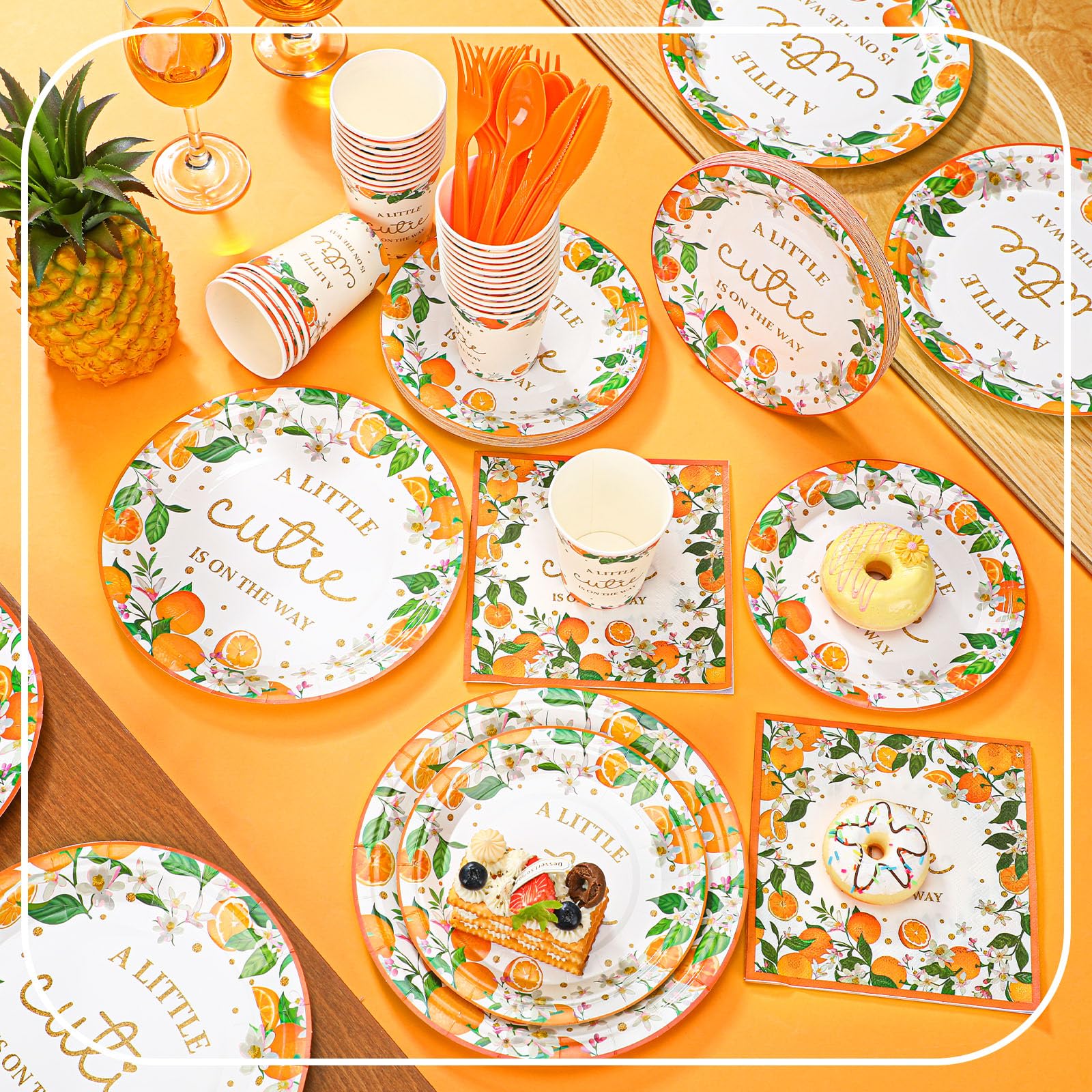 350-Piece Orange Little Cutie Baby Shower Party Supplies Set - Includes Dessert Plates, Napkins & Forks for 50 Guests - Perfect for Baby Shower, Gender Reveal & Birthday Celebrations - 