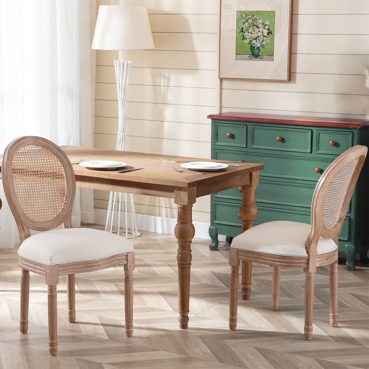 Vintage French Farmhouse Dining Chairs Set of 2 - Rattan Upholstered Seats with Curved Backrest & Carved Solid Wood Frame - Perfect for Kitchen, Dining Room, Restaurant & Cottage Decor
