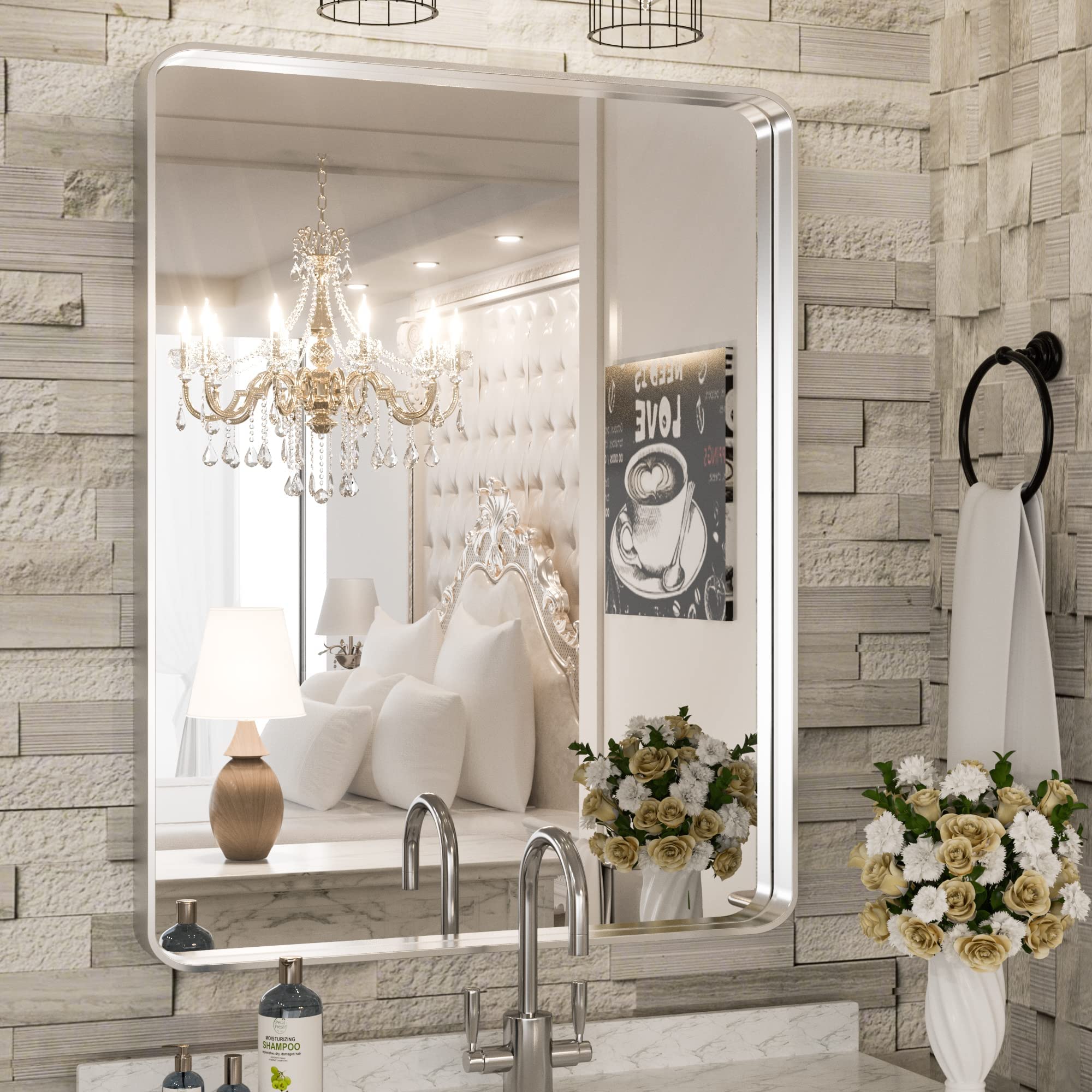 TokeShimi 24x32 Inch Brushed Silver Bathroom Mirror with Brass Metal Frame - Rectangle Wall Mirror with Rounded Corners, Deep Set Design - Perfect for Bathroom, Bedroom, or Entryway Décor (Horizontal or Vertical Hanging)
