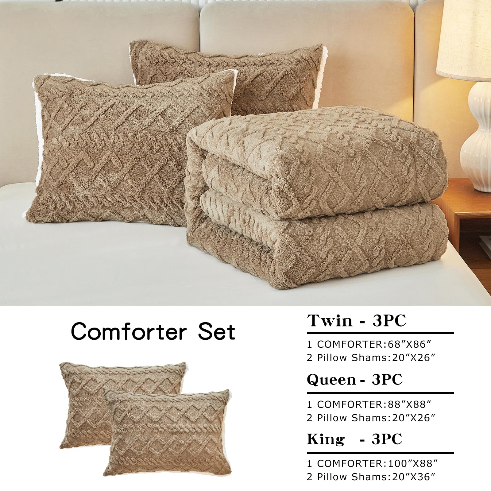 Joyreap 3-Piece Queen Size Fluffy Faux Fur Sherpa Comforter Set - 88x88 Inches, All Season Soft & Cozy Plush Bedding, Luxury Tufted Bed Comforter for Winter Warmth & Home Decor