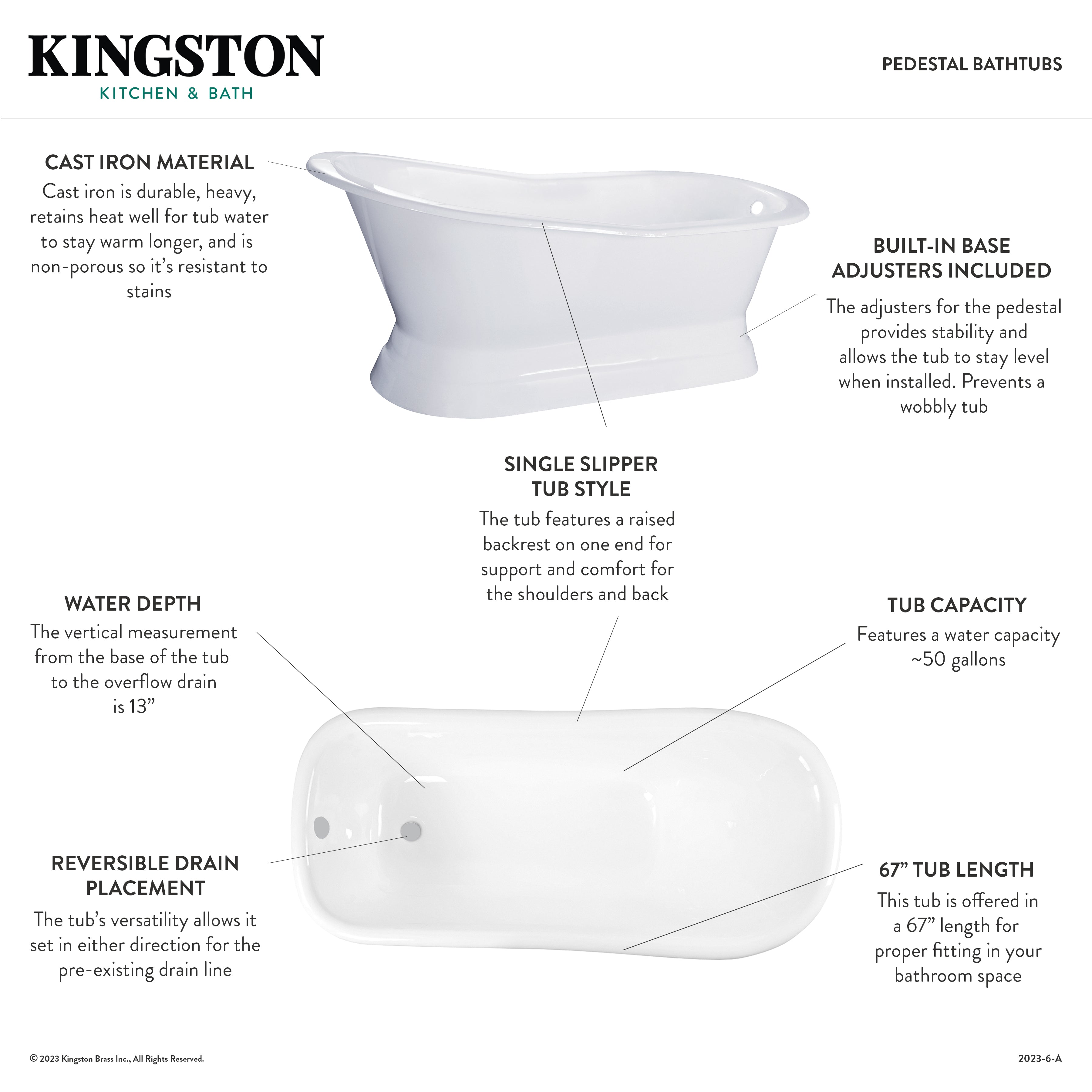 Aqua Eden 67 Inch White Cast Iron Oval Single Slipper Pedestal Bathtub - No Faucet Drillings - Freestanding Soaking Tub for Luxury Bathroom & Spa Relaxation
