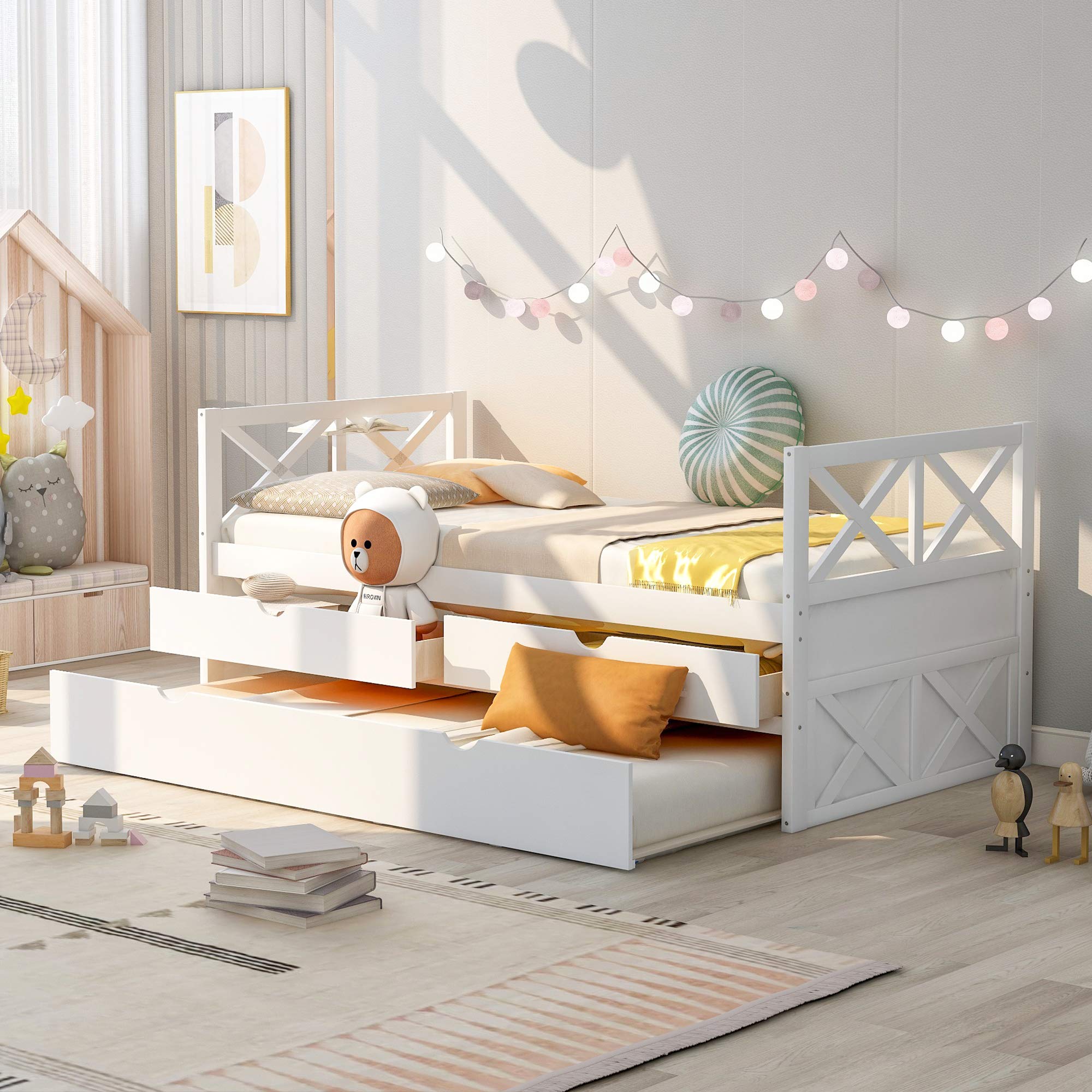 AOCOROE White Twin Daybed with Trundle and Storage Drawers - Farmhouse Style Wood Platform Bed with Pull-Out Sleeper - Perfect for Guest Rooms, Small Spaces & Living Room Lounging