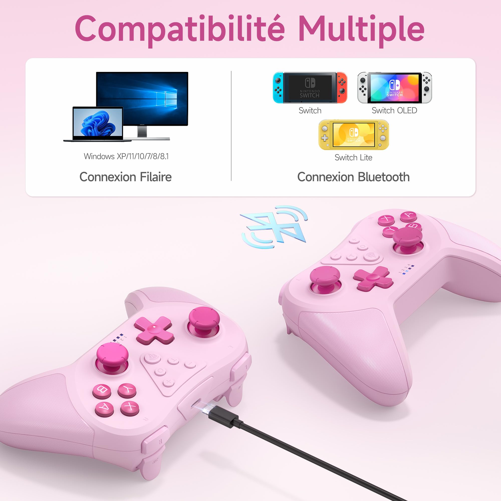 Wireless Bluetooth Switch Controller for Nintendo Switch Pro/Lite/OLED & Steam - 6-Axis Motion Control, Dual Vibration Motors, Ergonomic Design - Pink Gaming Joystick for PC & Console Gaming