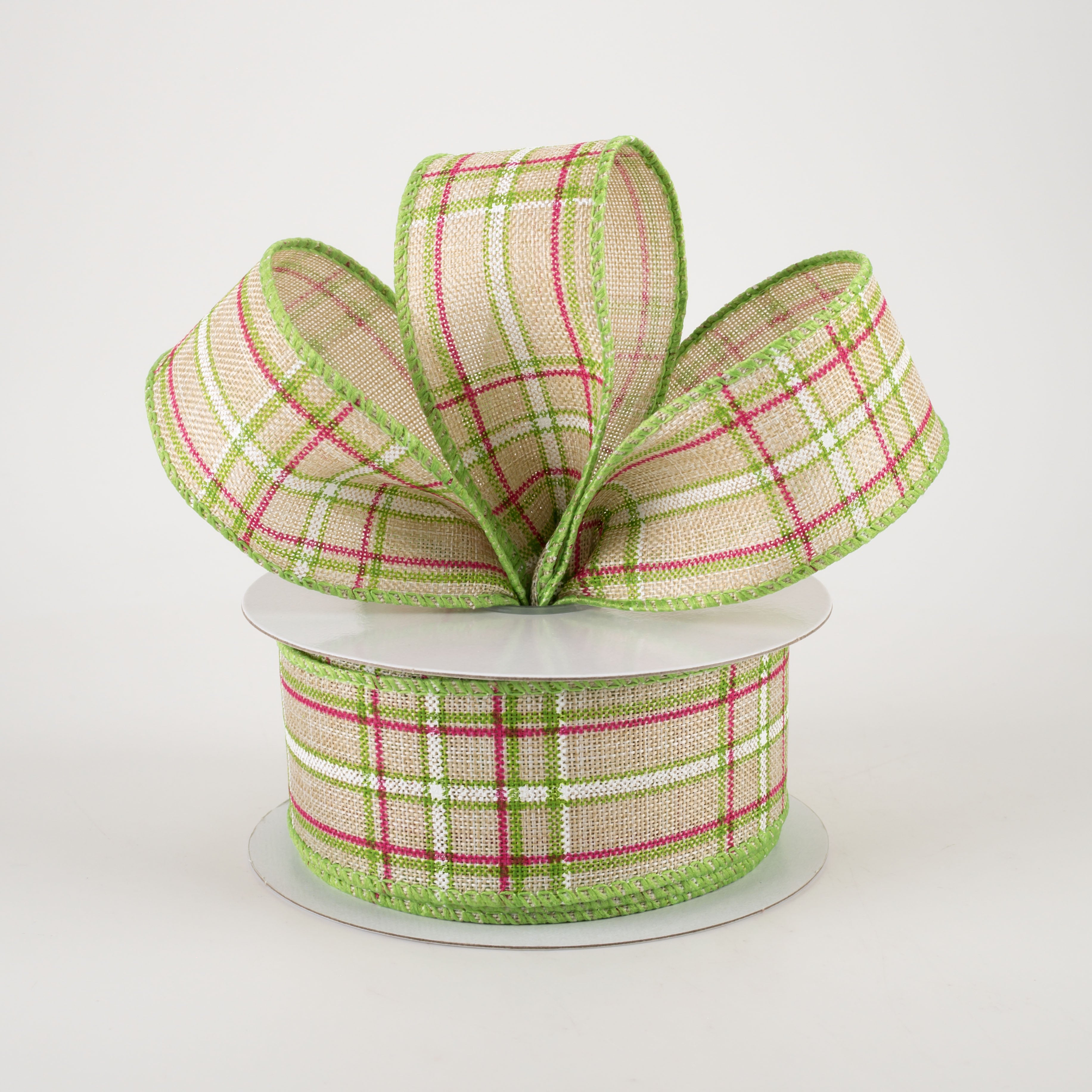 1.5 Inch Cornelia Plaid Ribbon - Natural, Fuchsia, Green & White Cotton Ribbon (10 Yards) for Gift Wrapping, DIY Crafts, Hair Bows & Home Decor
