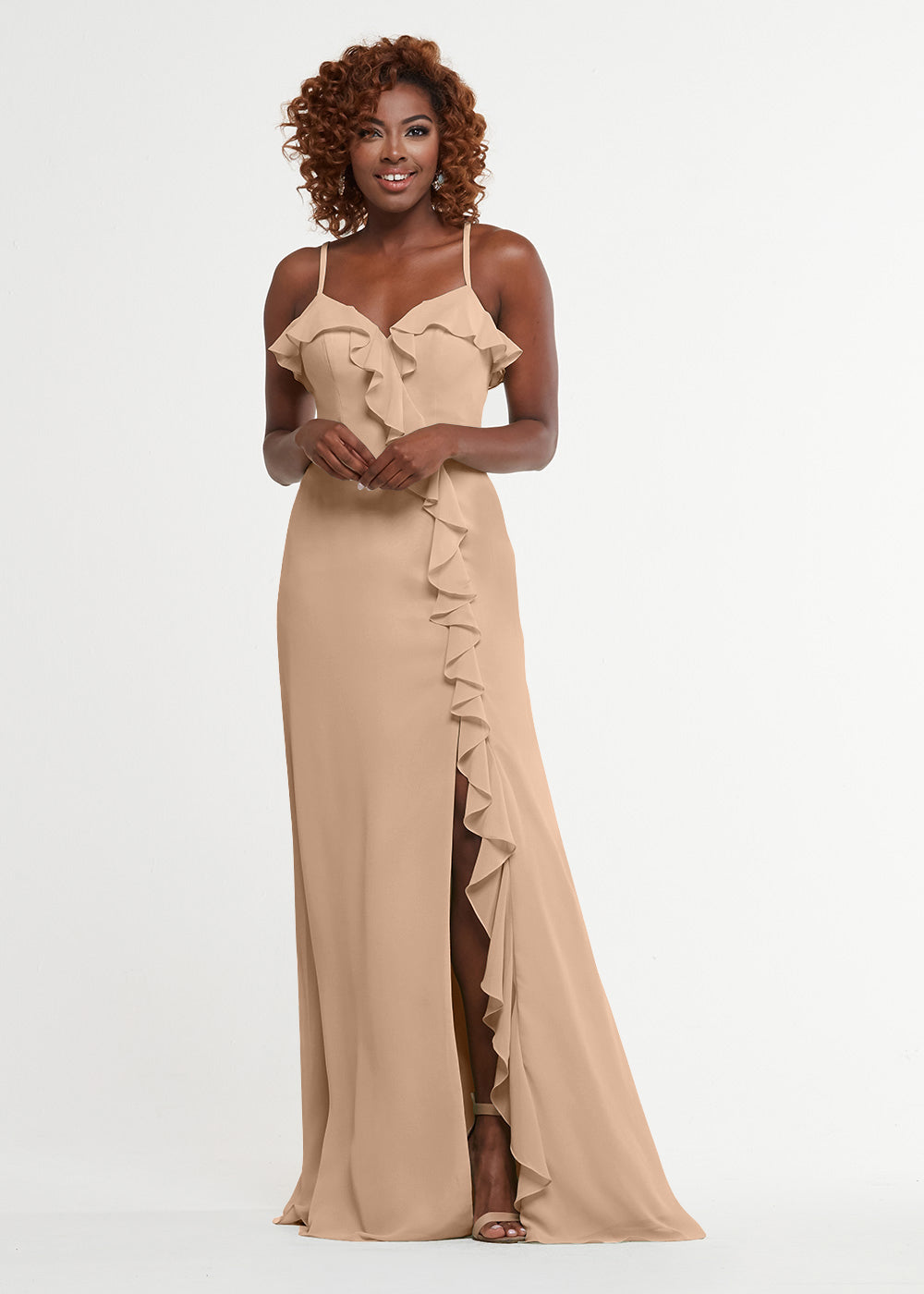 Elegant 80174 Chiffon A-Line Bridesmaid Dress with Ruffles & High Slit - Perfect for Weddings, Formal Events & Special Occasions