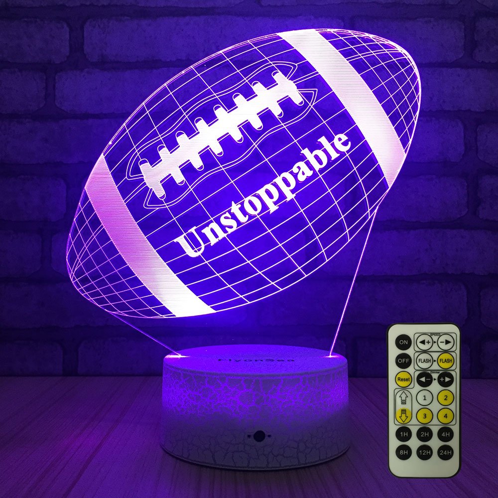 7 Color Changing Football Night Light - Remote Control, Timer & Optical Illusion LED Rugby Ball Lamp for Kids Bedroom, Nursery, Dorm Room Decor