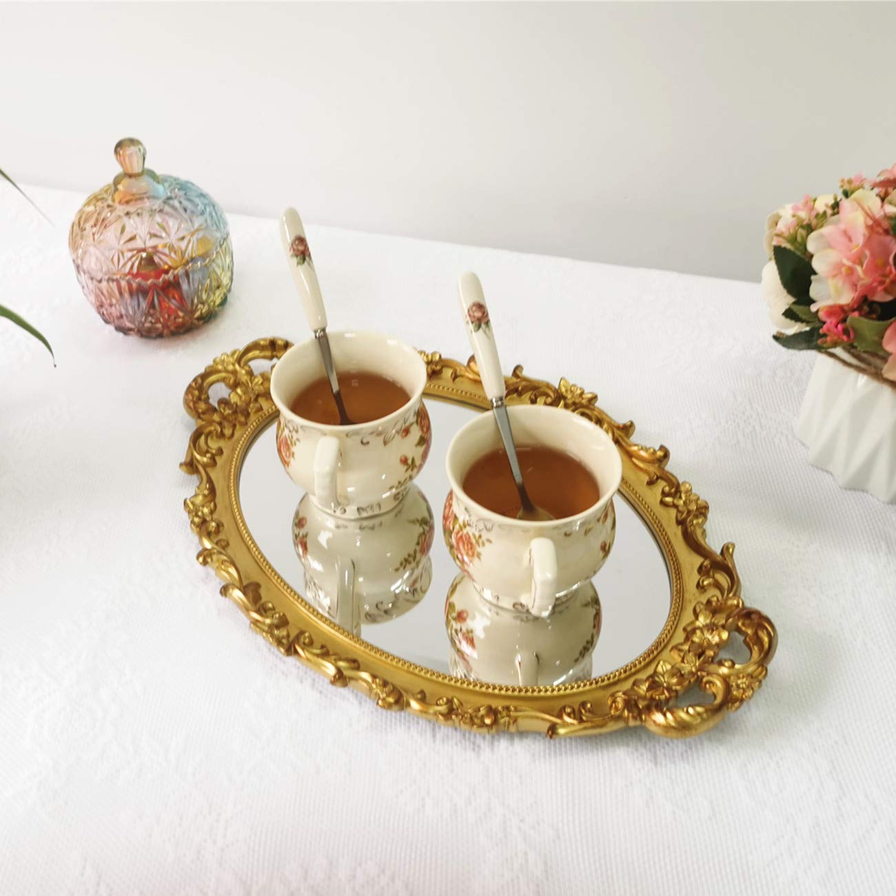 Hamphinee Gold Oval Floral Wall Mirror Tray - 9.8