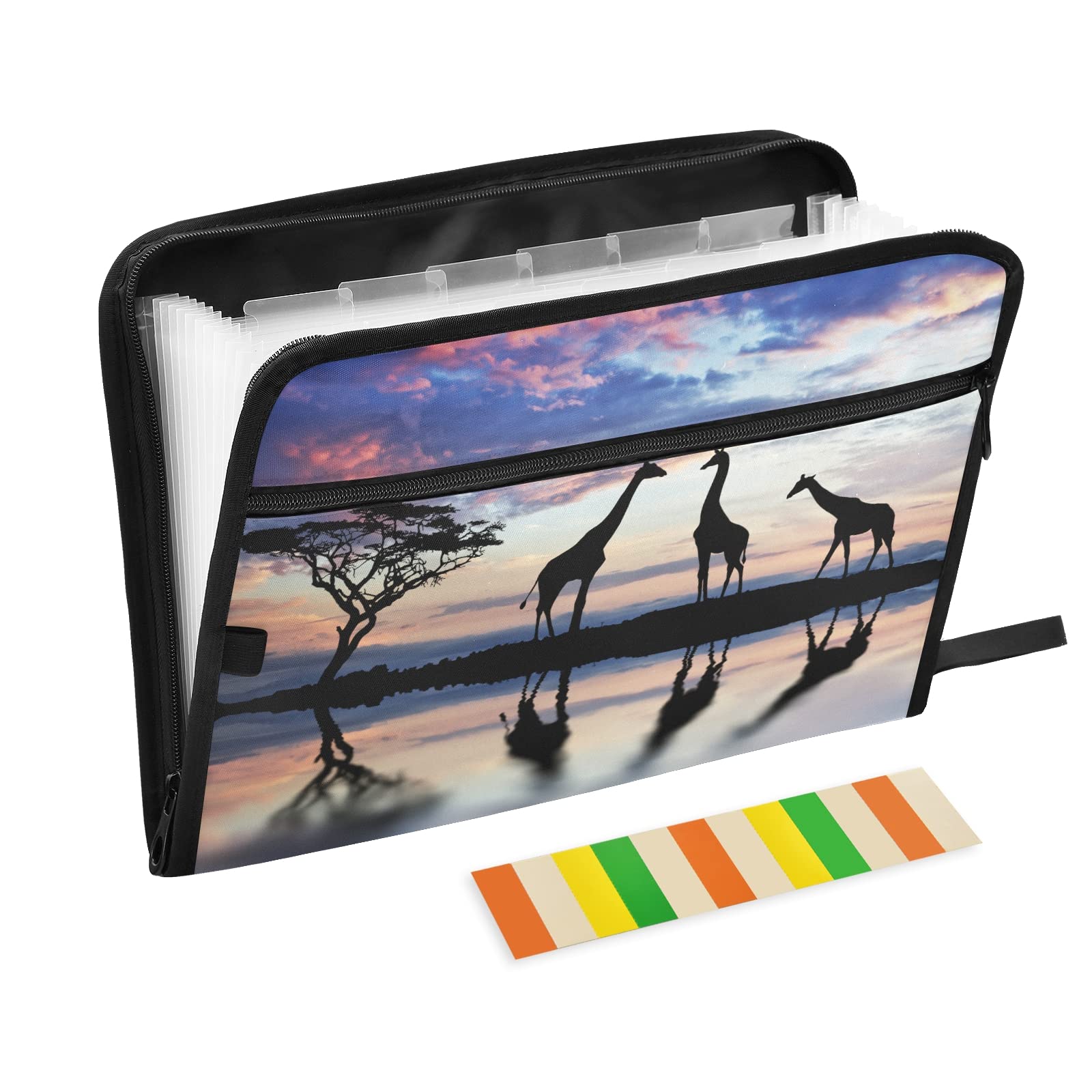 UMIRIKO 13-Pocket Expanding File Folder with Sticky Labels - Giraffe Africa Design - Accordion Organizer for A4 Letter Size Documents - Zippered Closure - Perfect for Office, School, and Home Organization