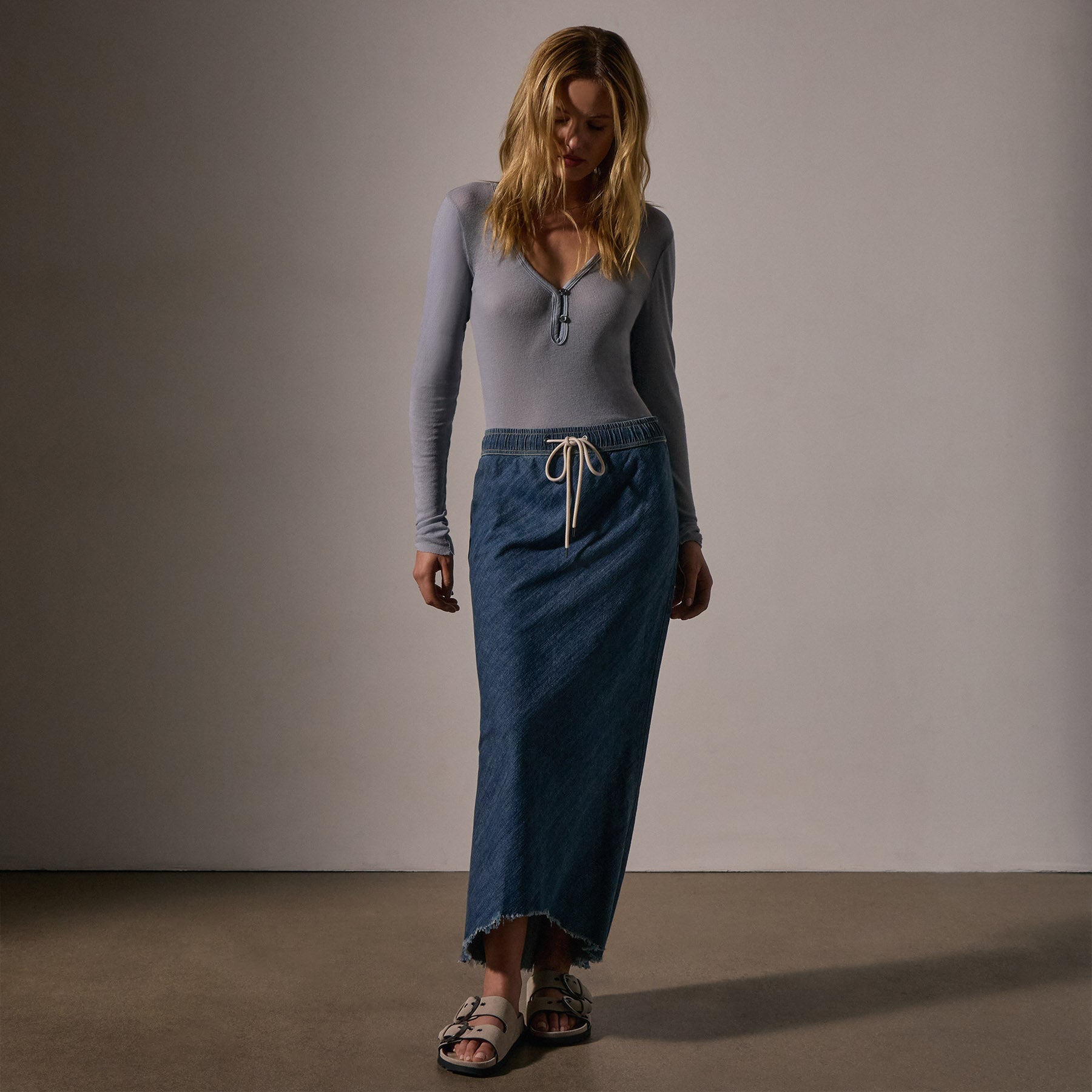 Stylish High Low Denim Skirt for Women - Medium Wash Distressed Denim - Perfect for Casual Outings, Parties & Date Nights