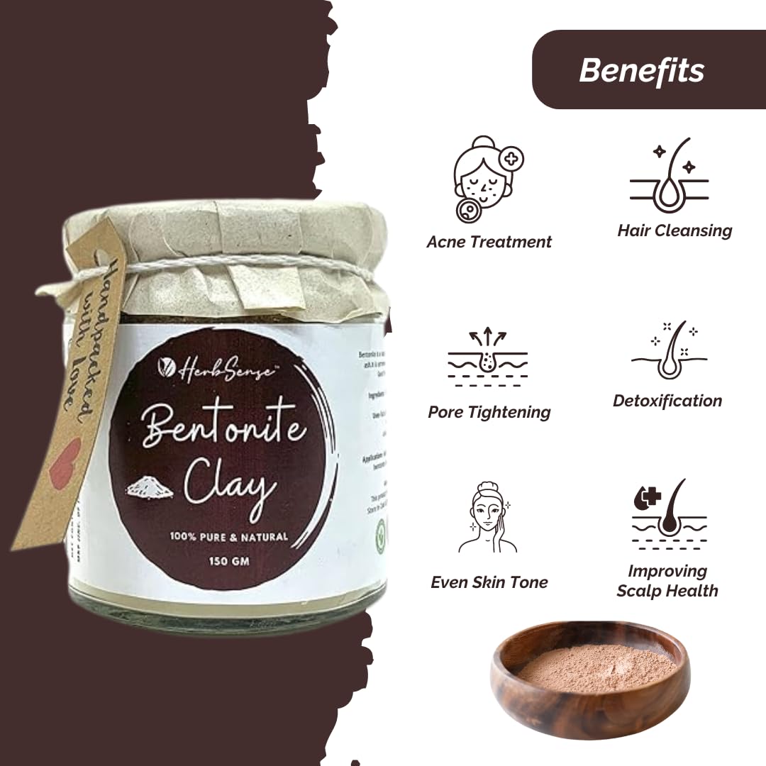 **Herbsense Bentonite Clay Mask - 150g Glass Jar, Oil Control, Anti-Acne, Detoxifying & Purifying for Skin & Hair | Deep Cleansing, Pore Minimizing, Natural Skincare & Hair Treatment for Daily Use**