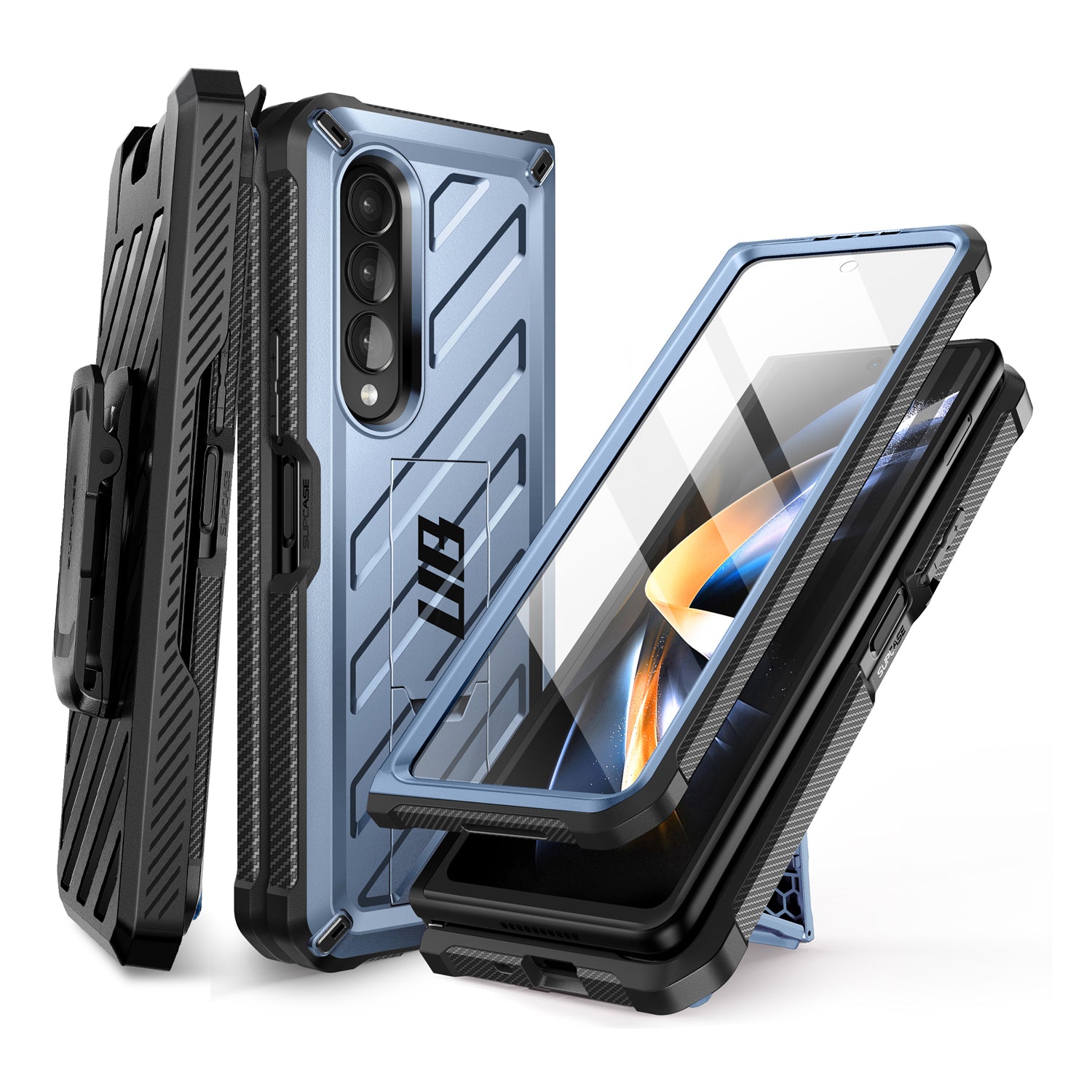 Samsung Galaxy Z Fold 4 Case with Built-in Kickstand & Screen Protector - Shockproof Heavy Duty Cover in Metallic Blue | Perfect for Work, Travel & Everyday Protection