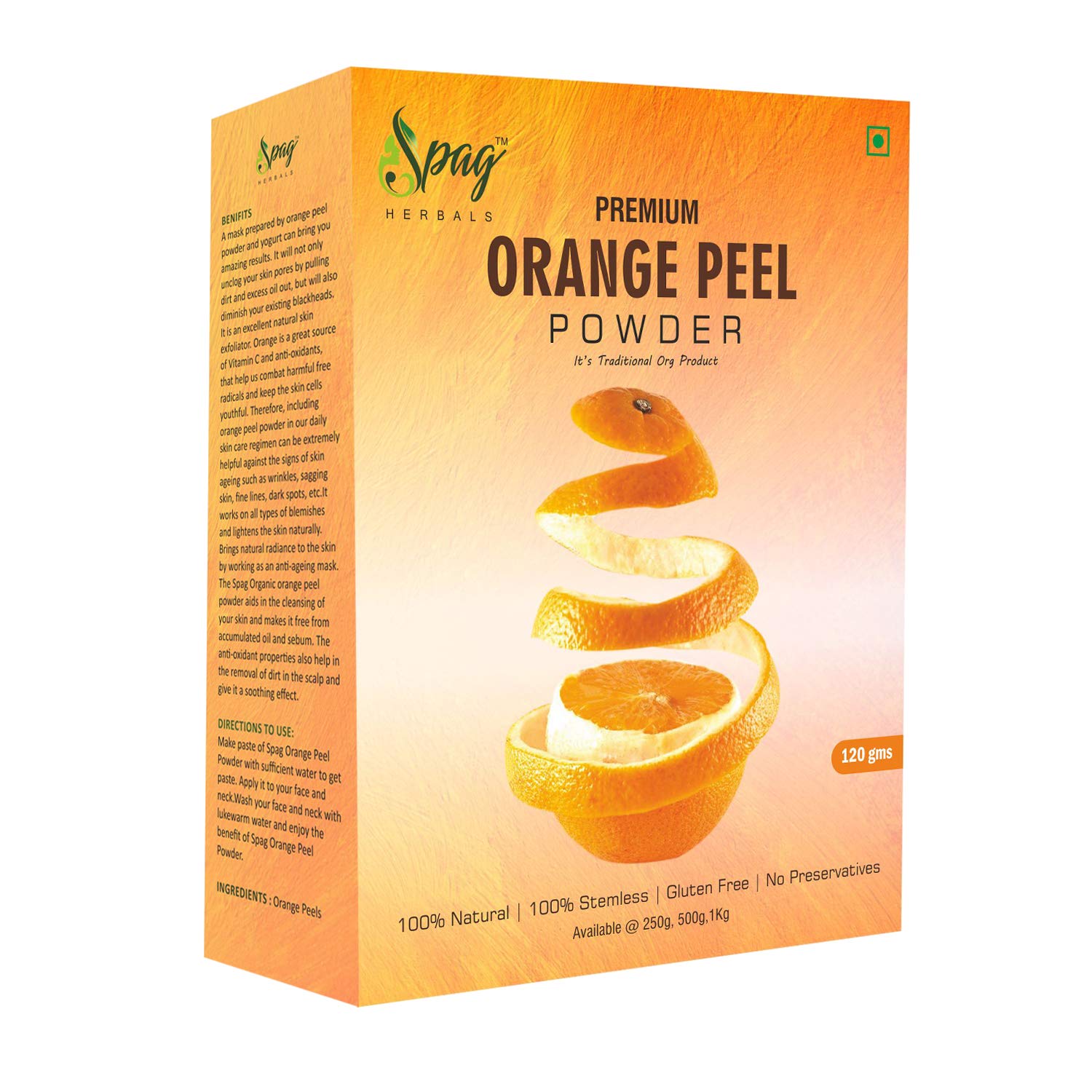 Organic Orange Peel Powder for Skin Brightening & Glowing - 120g | Spag Herbals Premium Face Whitening Treatment | Natural Exfoliator for Acne, Dark Spots & Dull Skin | DIY Face Mask & Skincare Routine