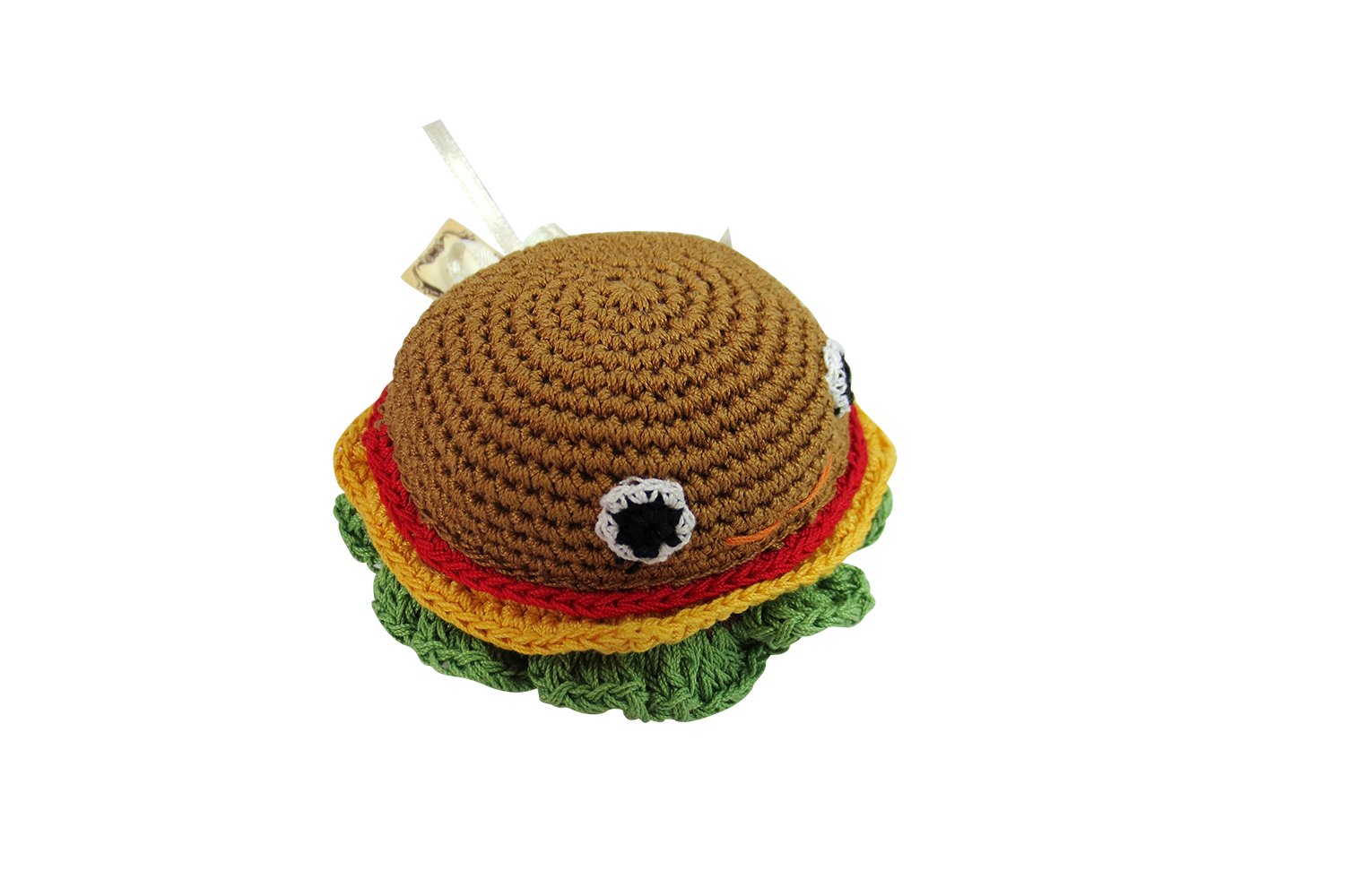 Dental Chew Dog Toy for Small Dogs - Cotton Crochet Squeaky Cheeseburger Toy for Teeth Cleaning | Puppy Teething & Interactive Play