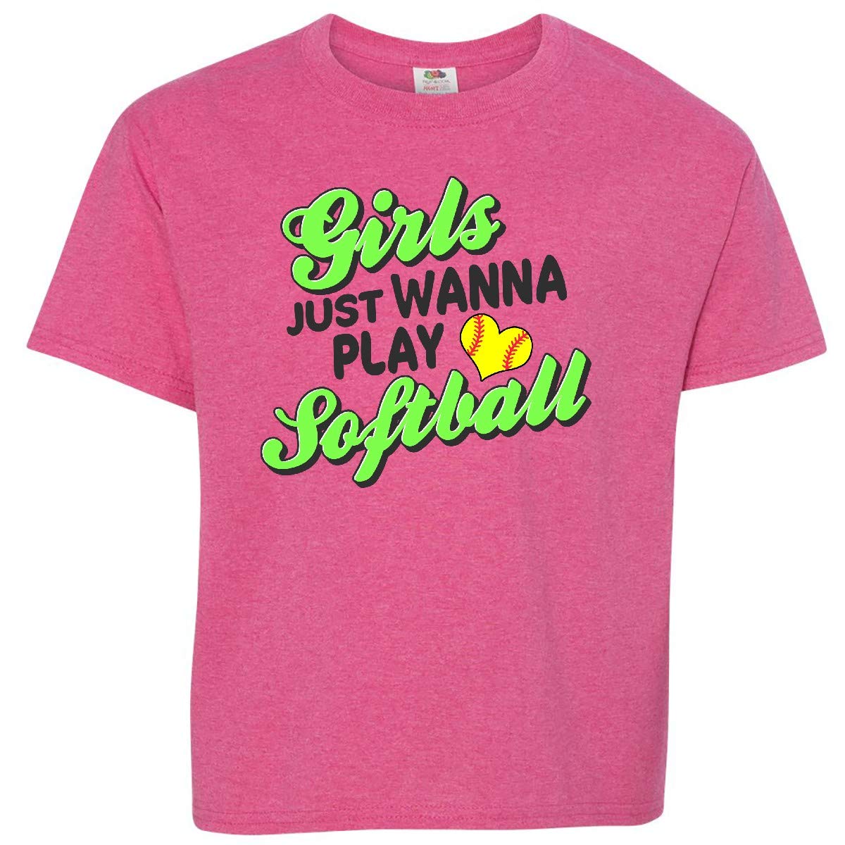 Inktastic Girls Just Wanna Play Softball Youth T-Shirt - Bright Green Softball Tee for Girls | Perfect for Team Uniforms, Practice & Game Day