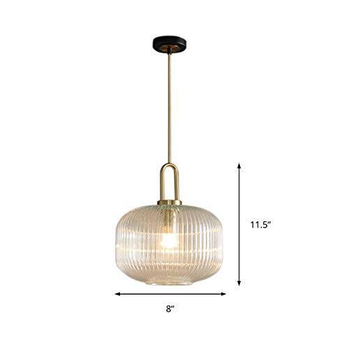 Gold Ribbed Glass Pendant Light with Handle - 8 Inch Contemporary Ceiling Light for Kitchen Island, Dining Room, or Bedroom Decor