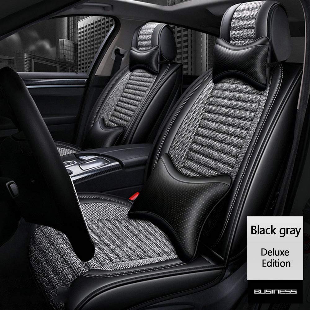 Premium Linen Car Seat Covers Full Set - Breathable Adjustable 5-Seater SUV Truck Seat Protectors (Black & Gray) | Perfect for Daily Commute, Road Trips & Family Travel