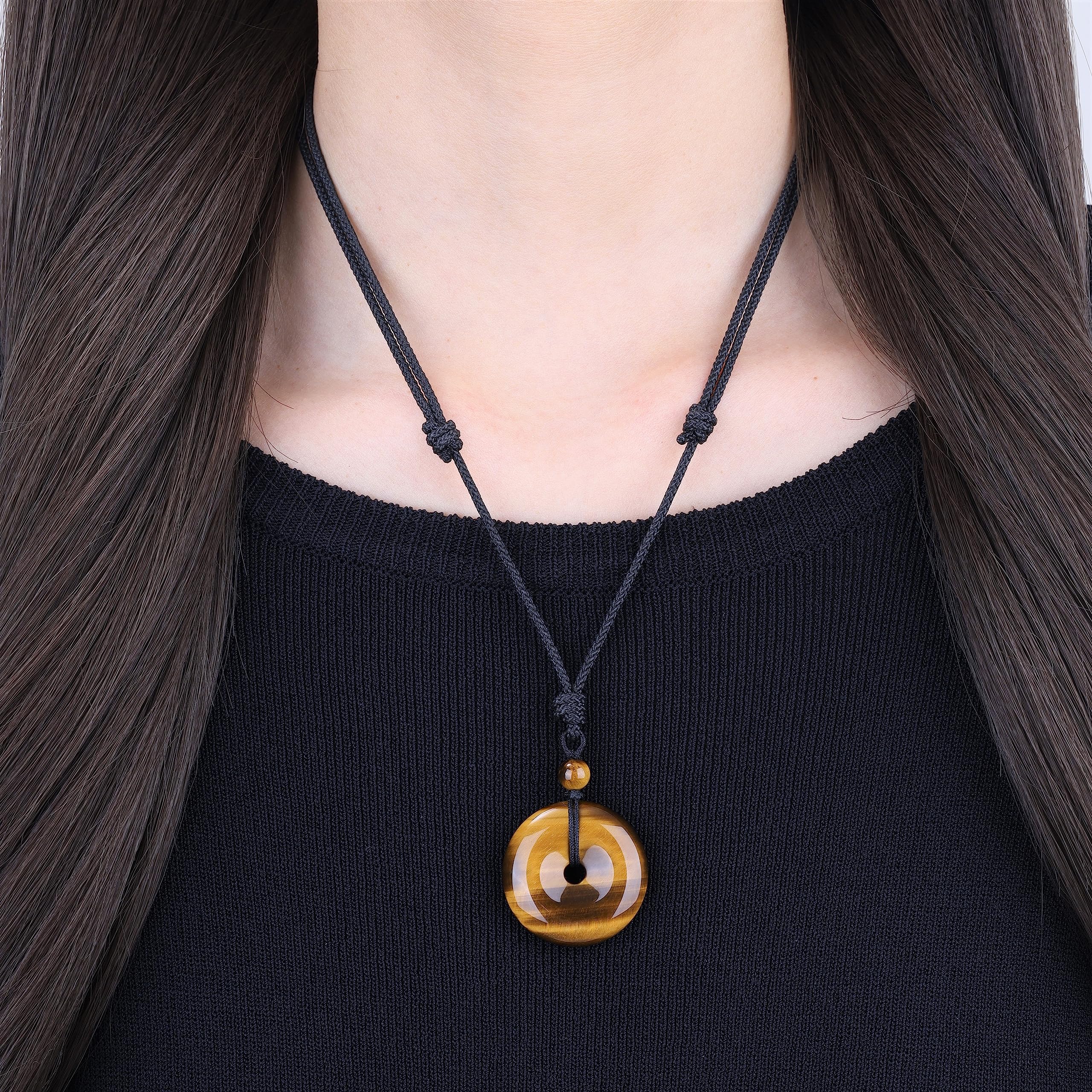 COAI Crystal Donut Necklace - Obsidian, Tiger Eye, Rose Quartz, Fluorite, Agate Gemstone Pendant - 28 Inch Nylon Cord Unisex Jewelry for Men & Women - Perfect for Meditation, Yoga, Spiritual Healing & Fashion Accessories