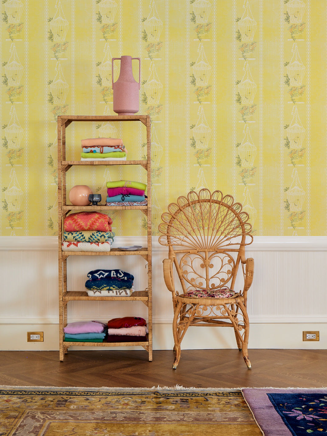 Lingua Franca Embroidered Birdcages Wallpaper - Elegant Daffodil Floral Design for Living Room & Bedroom Decor