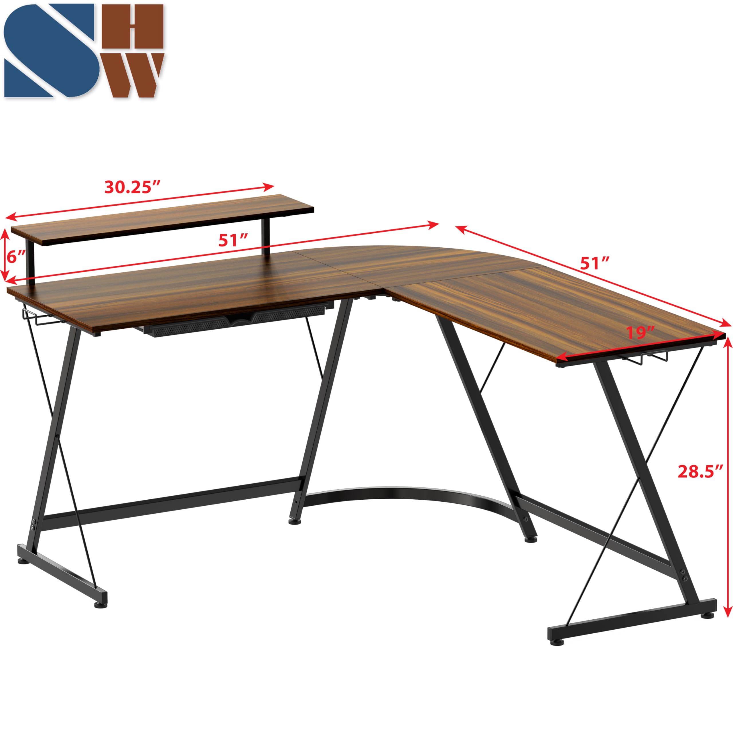 SHW Vista L-Shape Computer Desk with Monitor Stand - Walnut Finish Home Office Desk for Work & Gaming - Perfect for Small Spaces & Multi-Monitor Setups