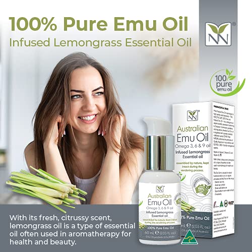 100% Pure Pharmaceutical Grade Emu Oil with Lemongrass Essential Oil - 60ml Bottle for Skin Care, Hair Growth & Pain Relief - Natural Moisturizer for Dry Skin, Eczema & Joint Pain