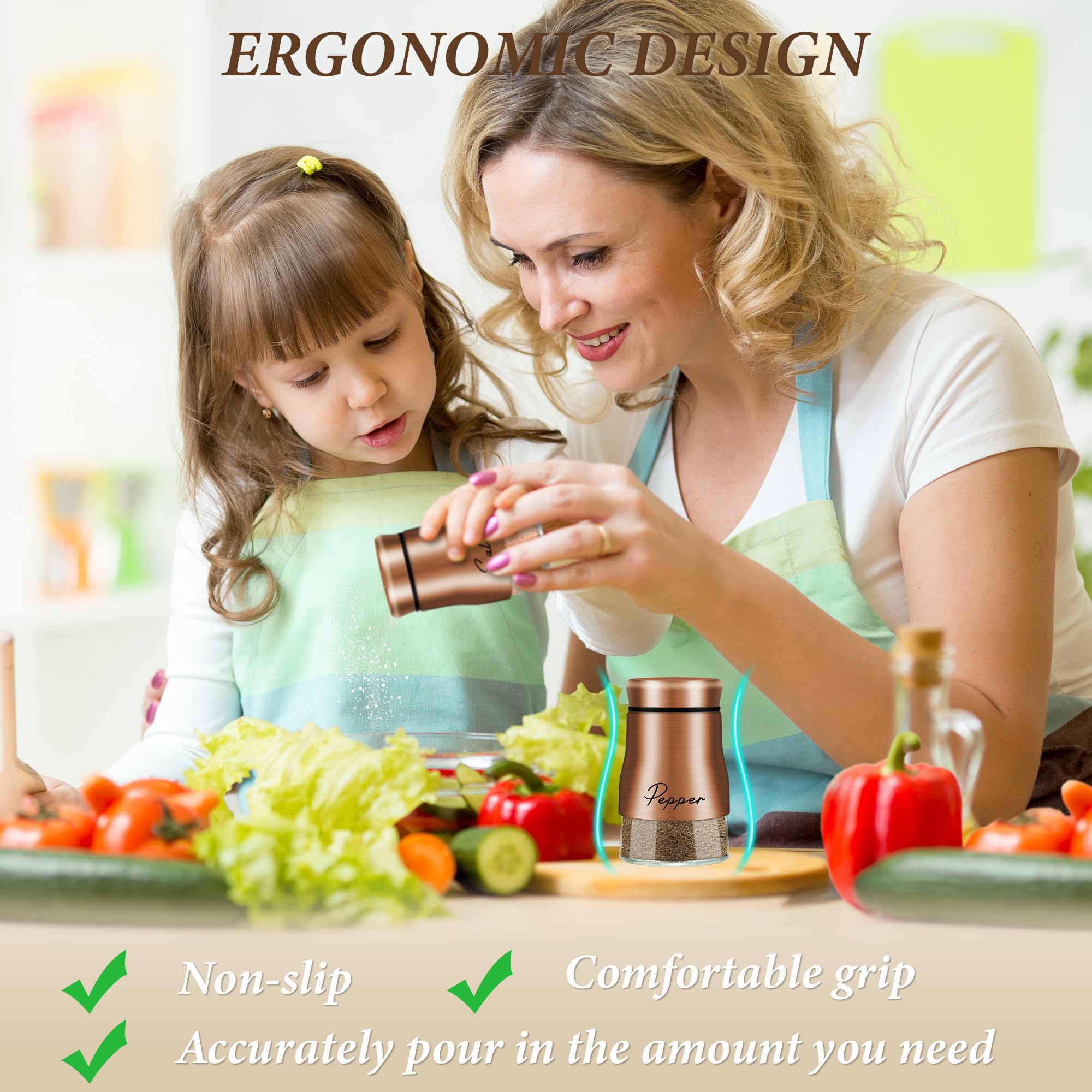 Premium Copper Salt and Pepper Shakers Set - 5 oz Glass Bottoms with Stainless Steel Lids - Modern Farmhouse Kitchen Decor - Perfect for Restaurants, Weddings & Housewarming Gifts (Copper) - Ideal for Dining Tables, Kitchen Countertops & Gift Giving