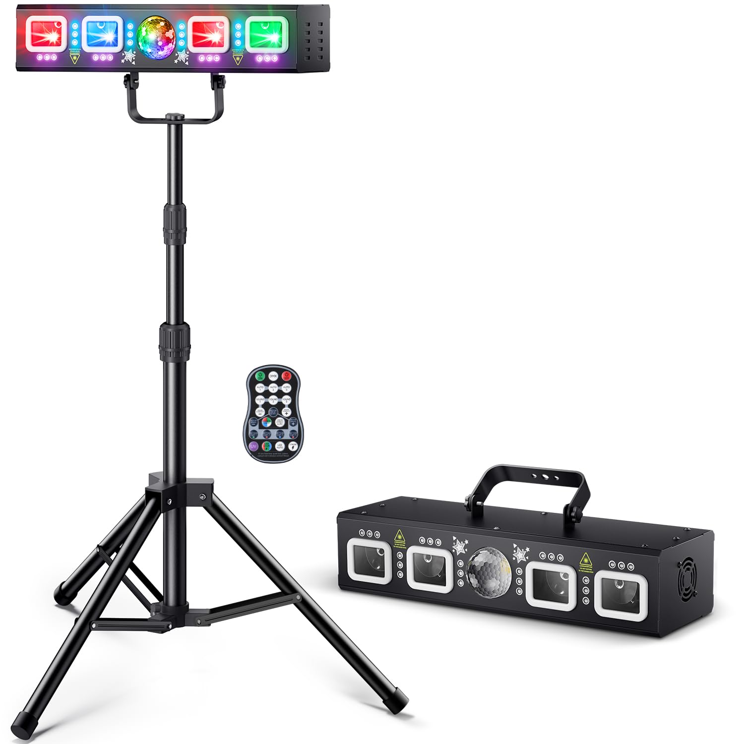 Professional 6-in-1 DMX DJ Lighting System with Sound Activation - RGBW Laser Show Machine, UV Strobe & Disco Ball Lights - Complete with Adjustable Stand for Home Parties, Bars, Clubs, and Stage Performances | Perfect for Nightclubs, Weddings, and Live Events