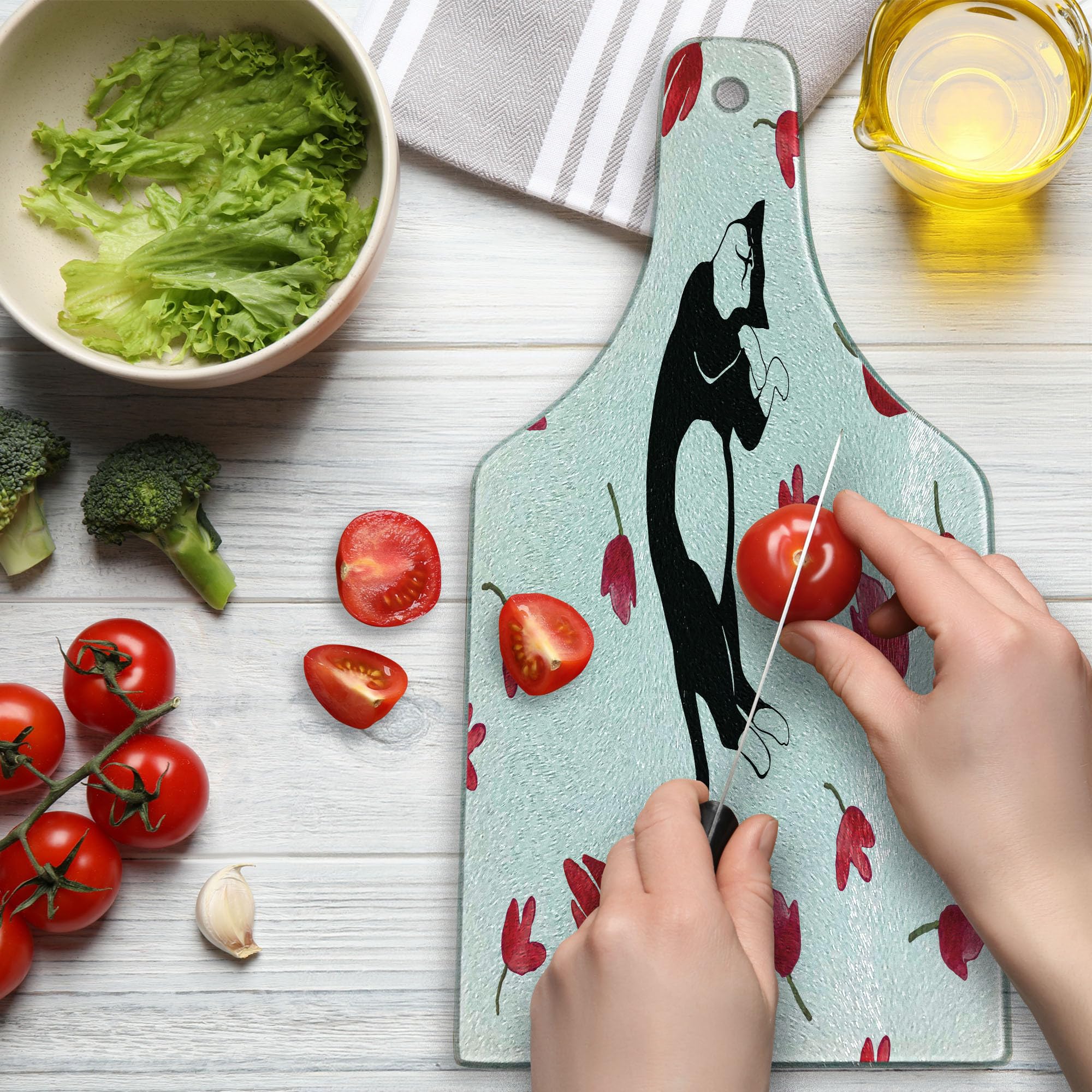 Ambesonne Modern Cat-Themed Cutting Board - Cute Kitty Sleeping with Tulips Print, Durable Tempered Glass Serving Board for Kitchen & Dining - Wine Bottle Shape in Black, White & Pink - Perfect for Cheese Platters, Charcuterie & Wine Pairing