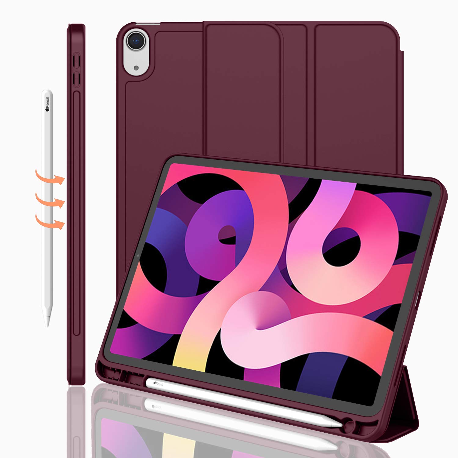 iMieet iPad Air 5th/4th Generation Case 10.9 Inch (2022/2020 Model) - Premium Trifold Stand Smart Cover with Apple Pencil Holder & Touch ID Support | Compatible with 2nd Gen Pencil Charging | Perfect for Work, School & Travel (Wine Red)