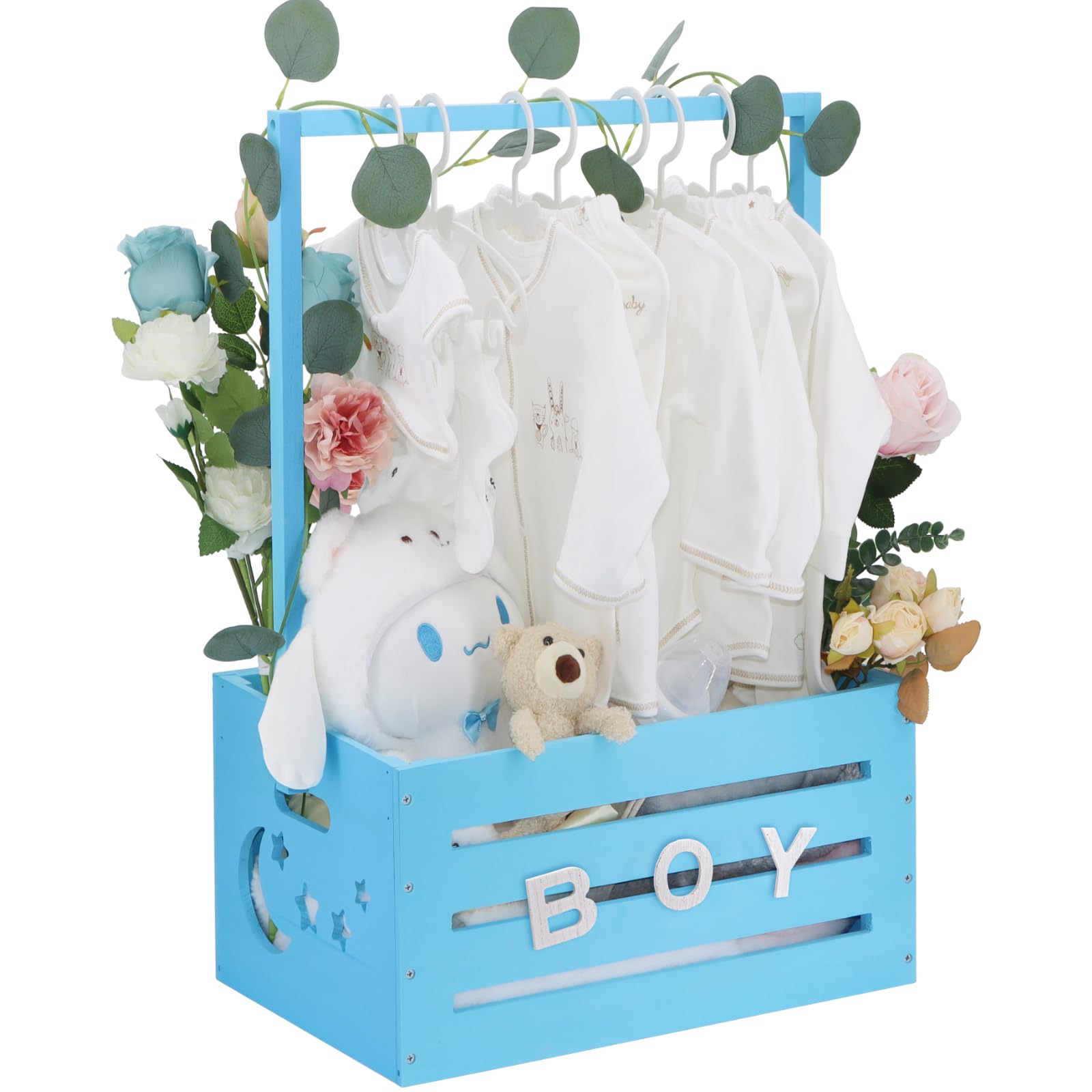 Wooden Baby Shower Gift Crate - Storage Box with Handle, Rack Hangers & Garland - Perfect for Newborn Gifts, Toy Organization & Nursery Decor - Ideal for Baby Showers, Welcome Parties & Parent Celebrations (Blue)