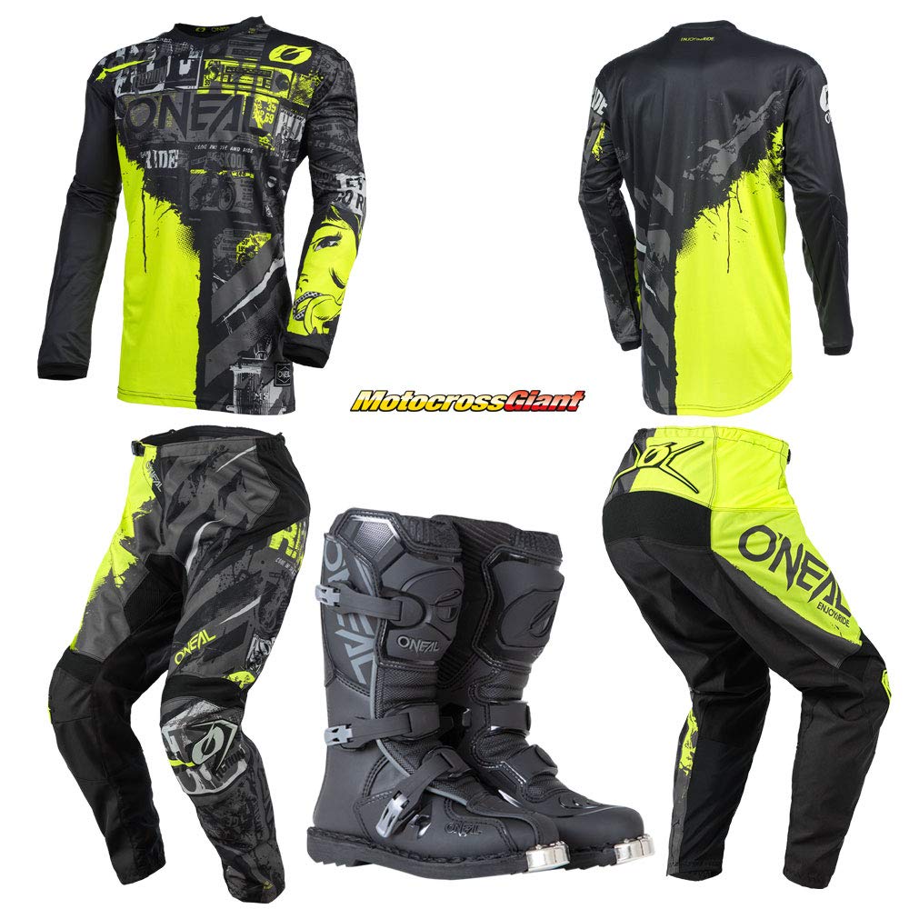 O'Neal Youth Element Ride Black/Neon Jersey Pant Boots Combo - Motocross Gear for Kids - Perfect for Dirt Bike Racing & Off-Road Adventures (YMD/22/Boot 3)