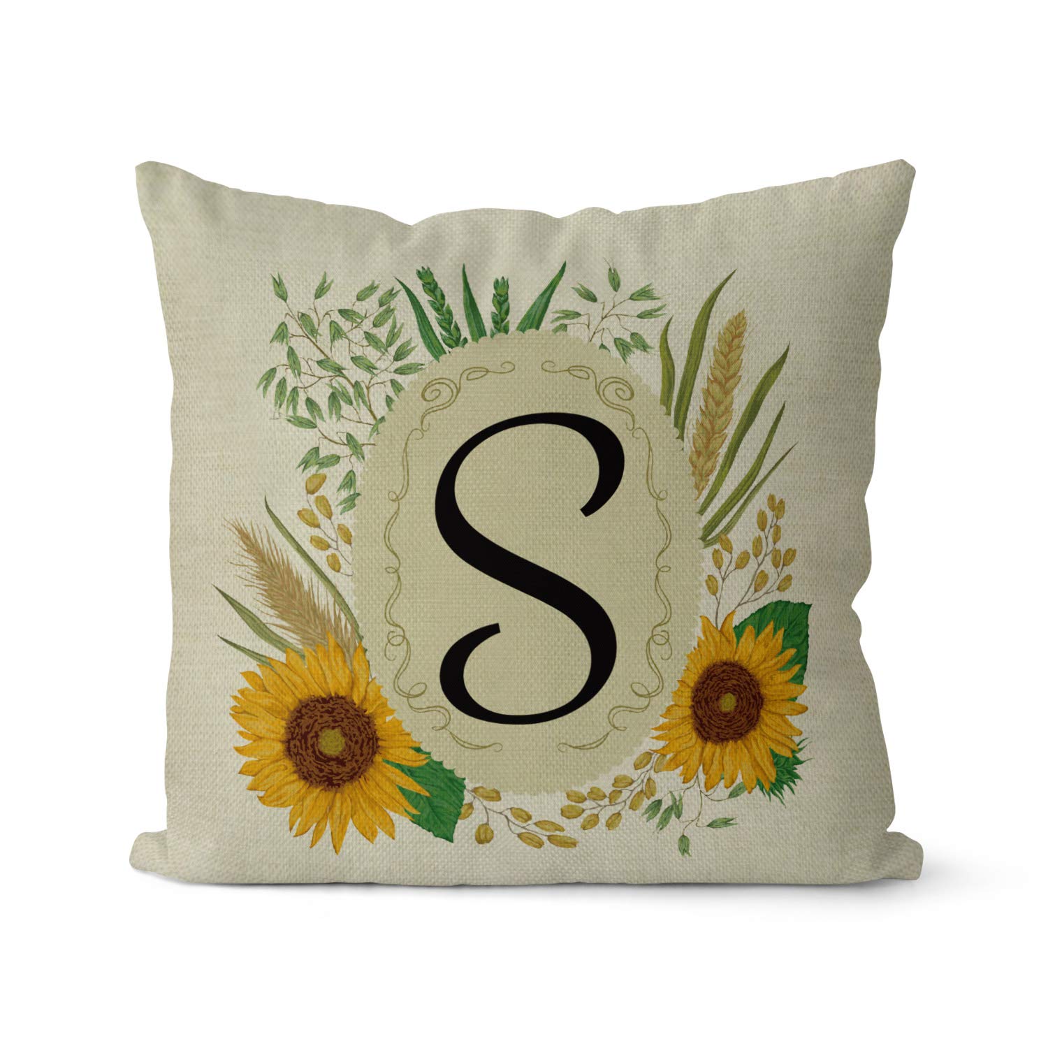 Custom Personalized Summer Spring Throw Pillow Cover - Monogram Initial Name & Family Last Name Sunflower Design - 18x18 Inch Linen Cushion Case for Sofa, Couch, Bedroom Decor - Perfect for Home, Living Room & Gift Giving
