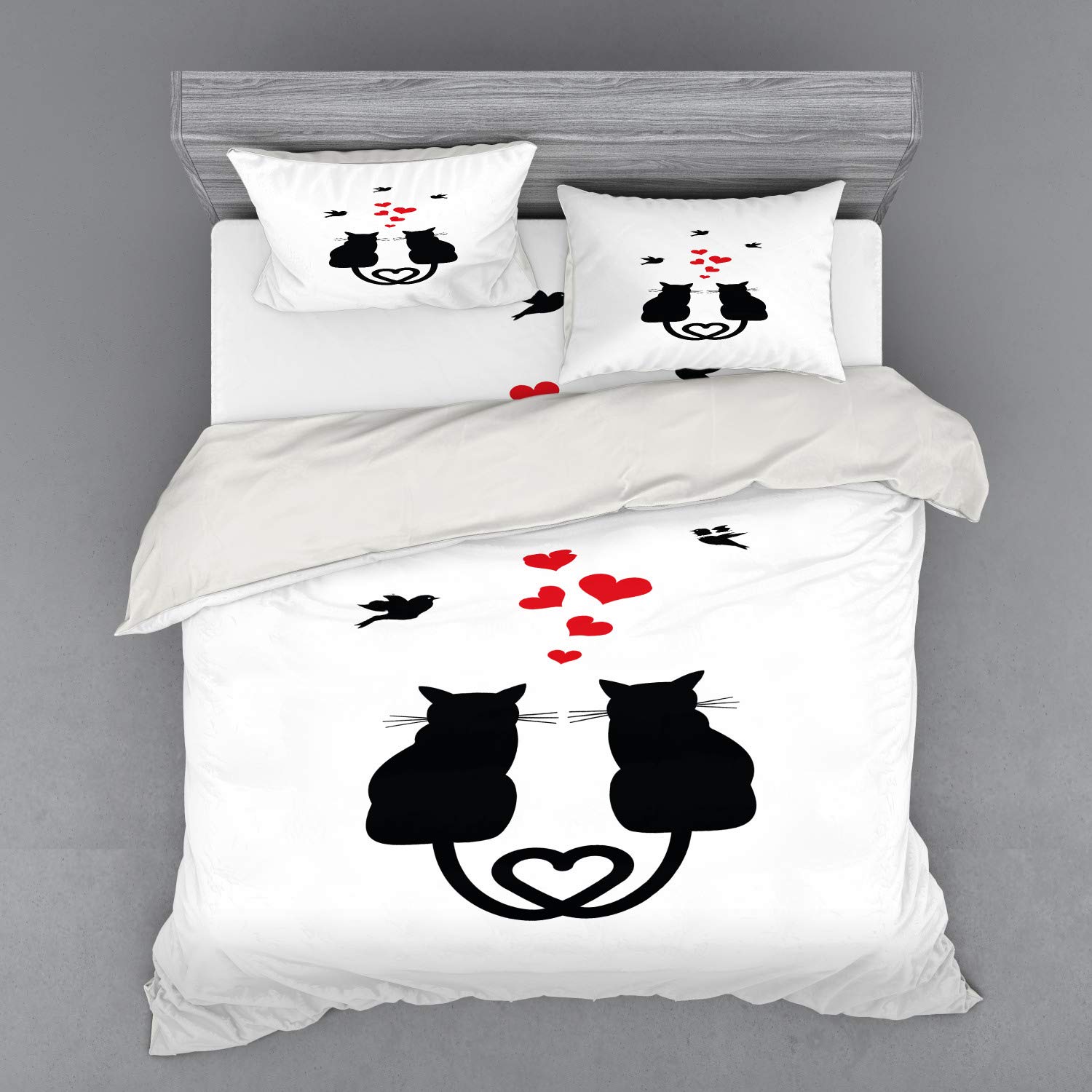 Ambesonne Love Duvet Cover Set - King Size 4-Piece Bedding with Shams & Fitted Sheet | Romantic Cat Silhouette with Heart-Shaped Tails & Birds Design in Red Black White | Perfect for Valentine's Day, Anniversary Gift & Couples Bedroom Decor