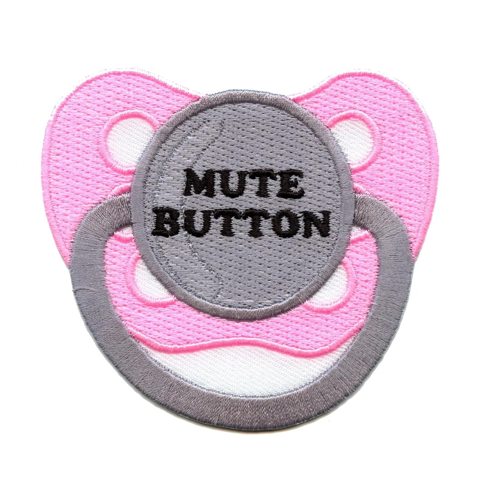 Pink Pacifier Mute Button Patch - Baby Quiet Embroidered Iron On Applique for Clothing - Perfect for Infant Onesies, Bibs & Nursery Decor