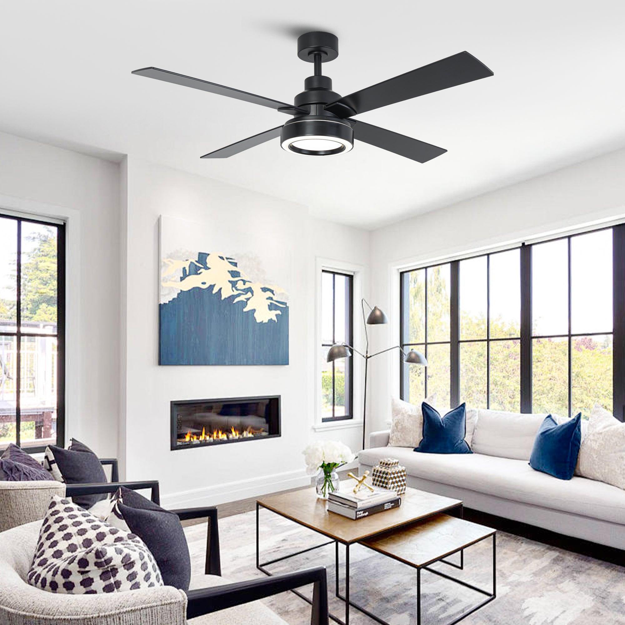 52 Inch Modern Ceiling Fan with LED Light & Remote Control - 4 Blades, DC Motor, Downrod Mount - Perfect for Living Room, Bedroom, and Office Spaces