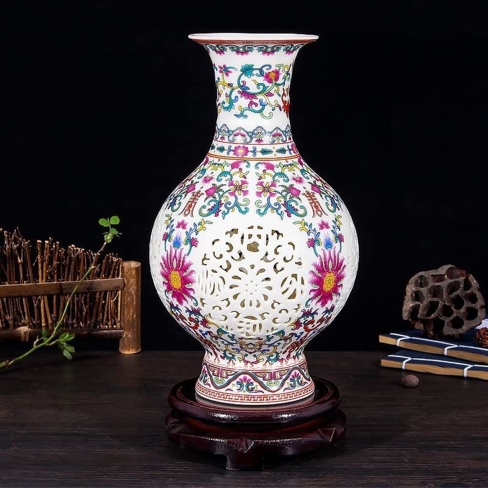 27.5cm Jingdezhen Ceramic Hollow Out Porcelain Vase - Handcrafted Chinese Home Decor for Living Room, Bedroom & Office Display