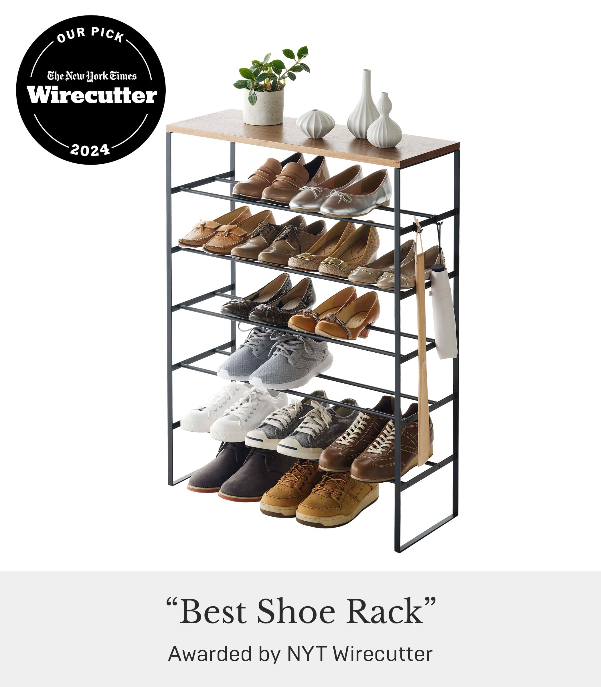 Yamazaki Home 6-Tier Wood Top Shoe Rack with Steel Frame - Black | Space-Saving Shoe Organizer for Entryway, Closet & Bedroom Storage