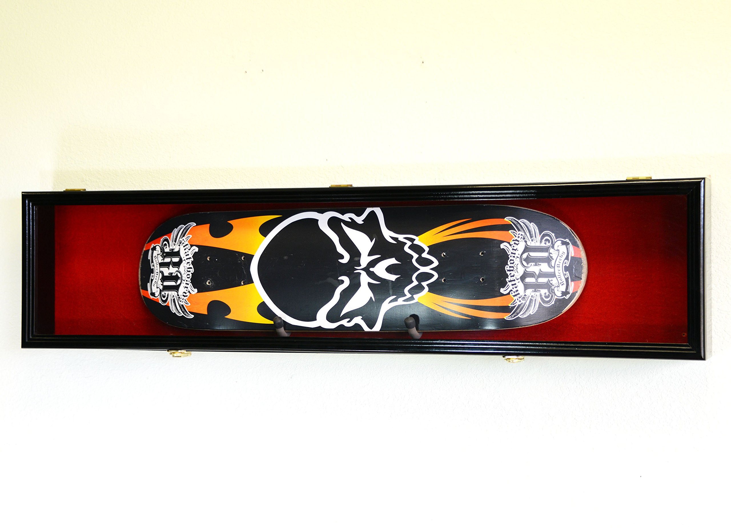 Premium Single Skateboard Deck Display Case - UV 98% Protection Wall Mount Rack for Full Size Boards (Black Finish, Blue Background) - Perfect for Skateboard Collections, Home Decor & Retail Store Displays