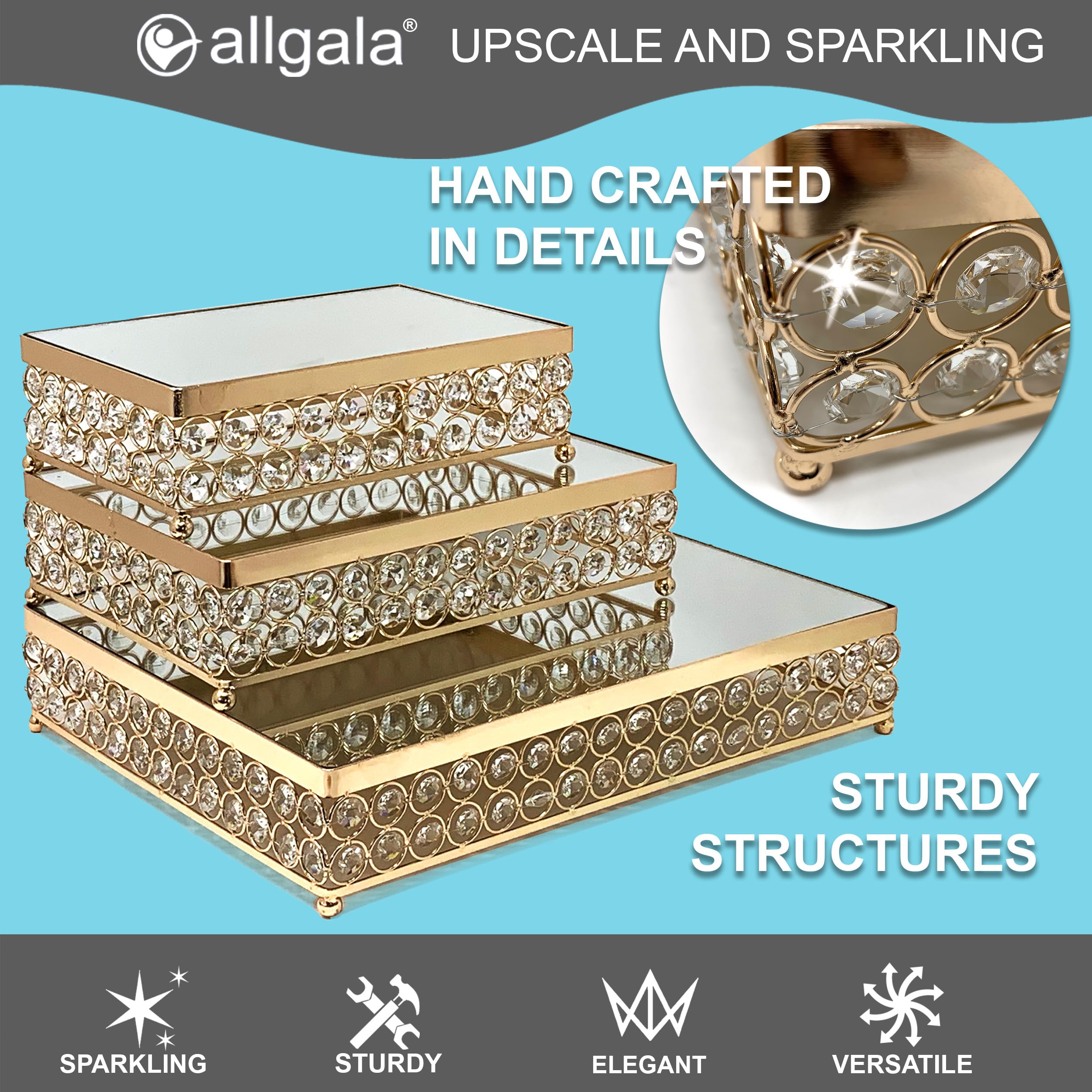 Allgala 3-Piece Gold Plated Crystal Wedding Cake Stand Set with Mirror Plate - Elegant Rectangle Dessert Display for Weddings, Birthdays & Special Events (Model HD89203)