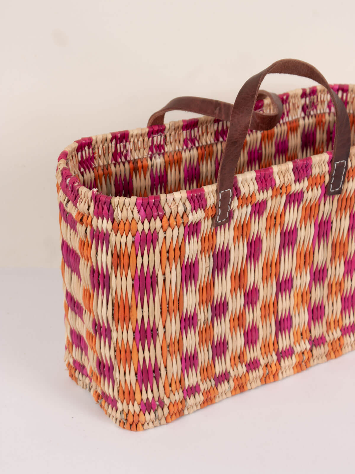 Stylish Pink and Orange Chequered Reed Basket - Perfect for Home Decor, Picnics, and Storage | Handwoven Natural Fiber Organizer for Living Room, Bedroom, or Outdoor Use
