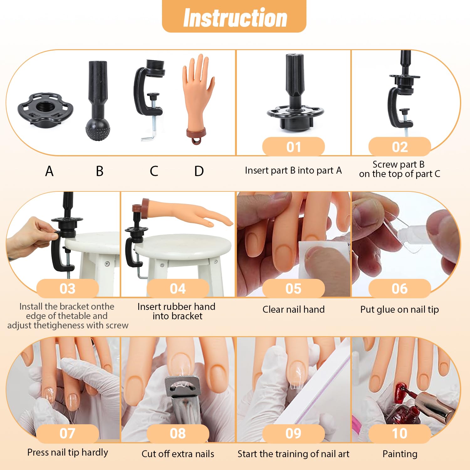 Professional Acrylic Nail Practice Hand Kit - Flexible Moveable Mannequin Hand for Nail Art Training, Beginners & Students - Dark Skin Tone (Perfect for Salon Practice, Nail Tech School & Home Learning)