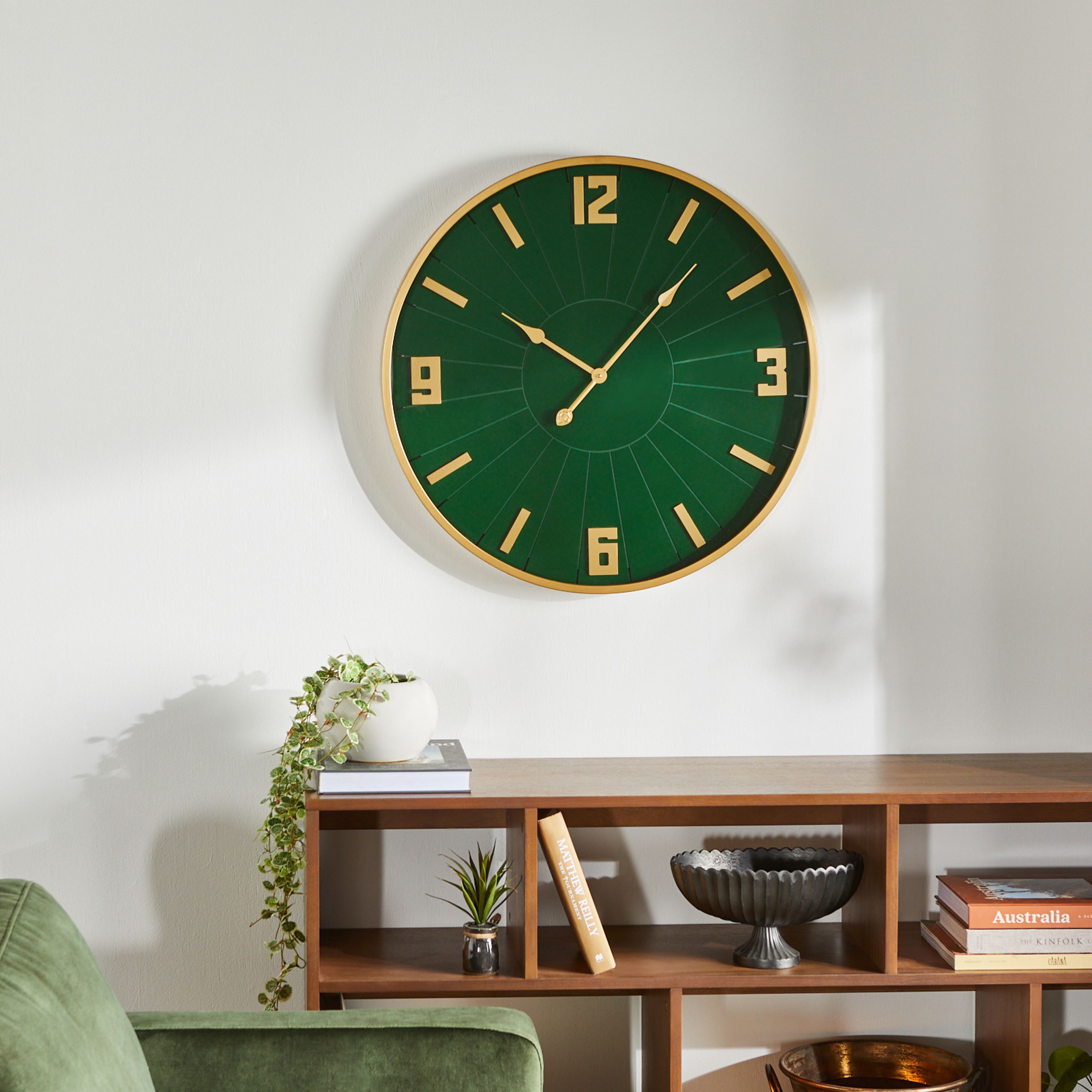 BeyondTime 26.8 Inch Large Green and Gold Wall Clock - Modern Decorative Clock for Living Room, Bedroom, Office | Silent Non-Ticking Battery Operated