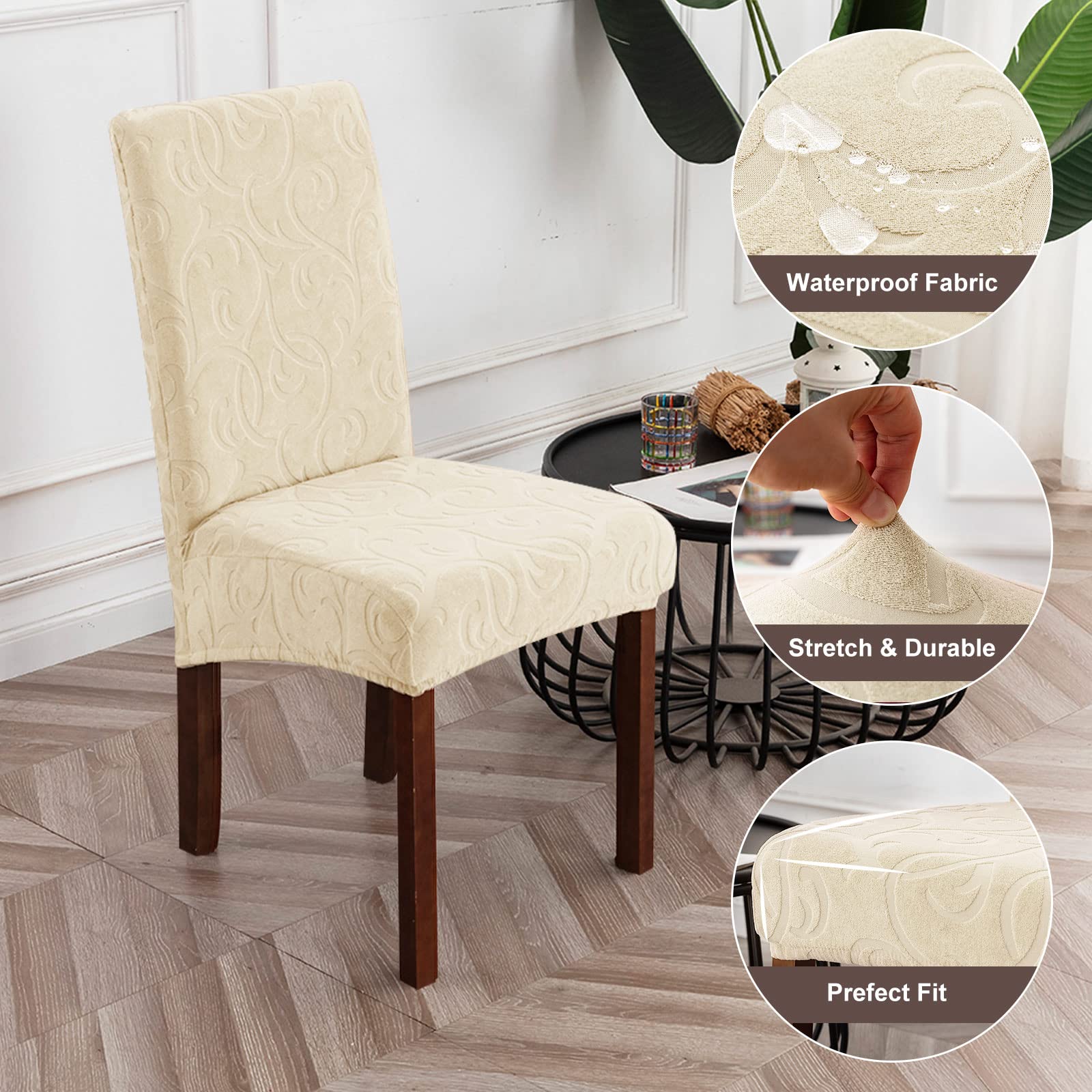 Waterproof Stretch Parsons Chair Slipcovers - 6 Pack Washable Dining Room Chair Covers with Floral Pattern, Beige | Kitchen & Dining Chair Protectors for Home, Restaurant & Outdoor Use