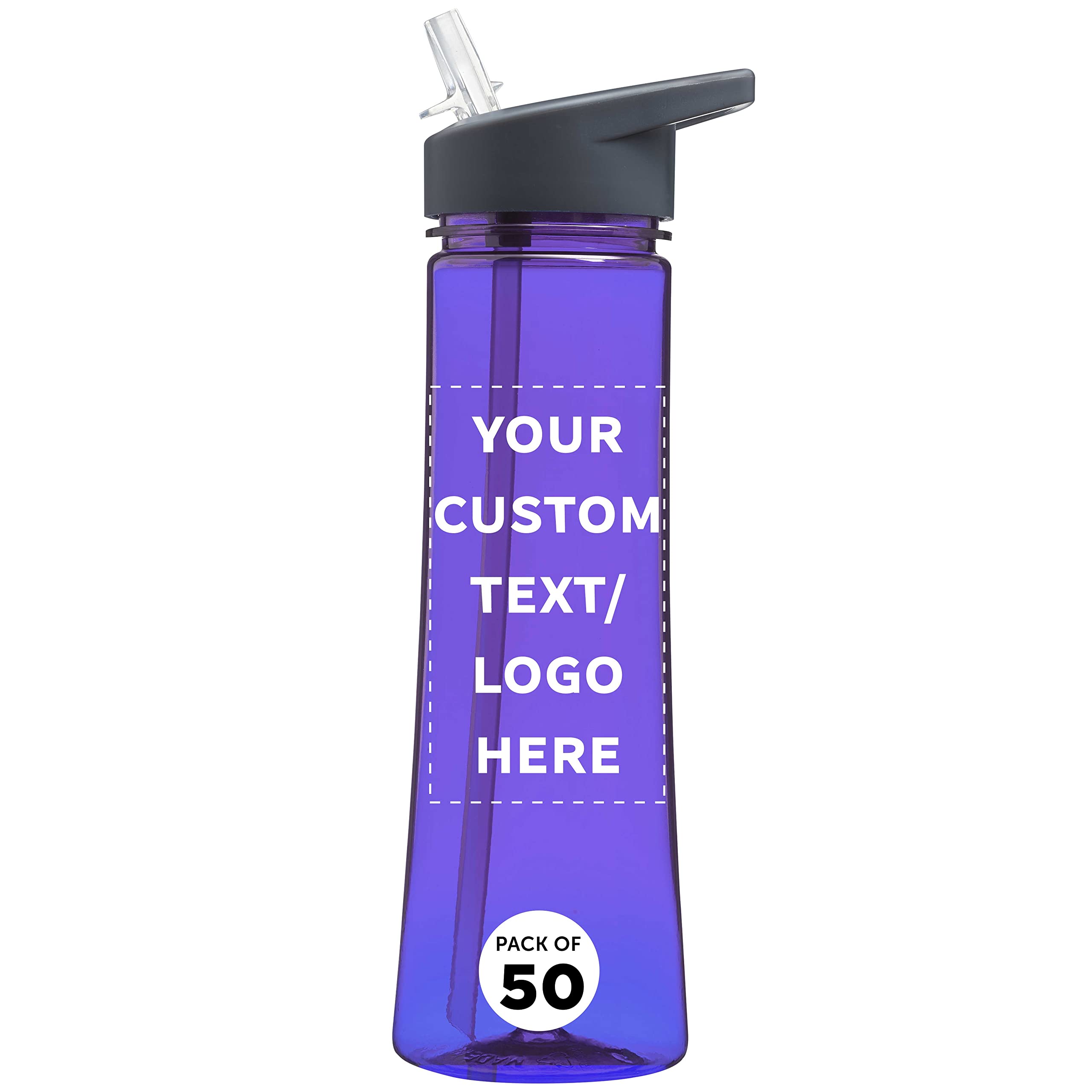 Custom 22 oz Plastic Water Bottles with Drink Spout - Bulk Pack of 50 Personalized Reusable Bottles for Gym, Hiking, Cycling, Camping - Durable BPA-Free Purple Sports Bottles - Perfect for Outdoor Activities, Fitness & School Hydration