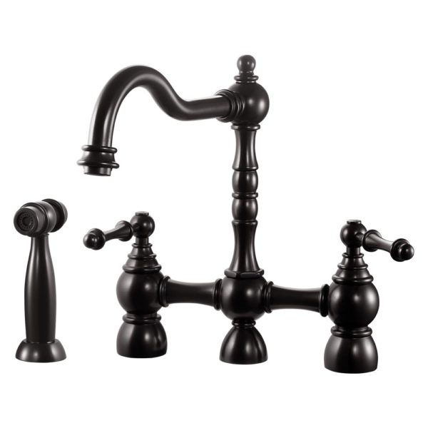 NOBS 4000 OB Oil Rubbed Bronze Two Handle Bridge Kitchen Faucet with Side Sprayer - Perfect for Farmhouse Sink, Commercial Use & Modern Home Renovation
