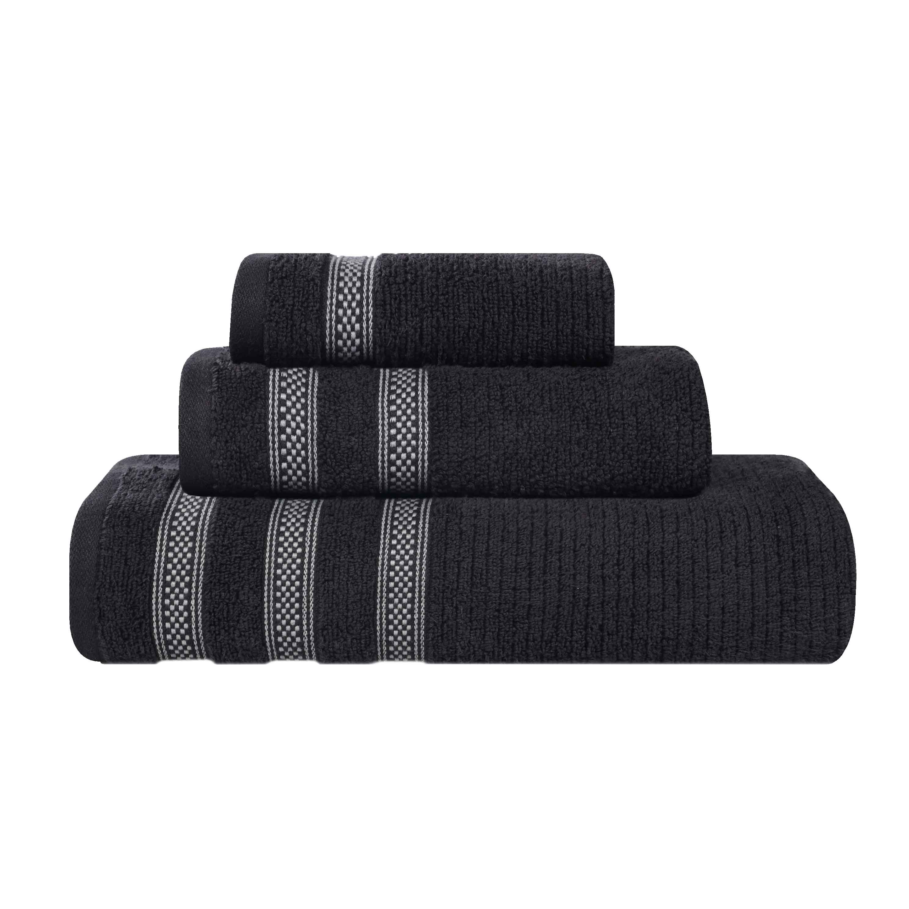 Premium Zero Twist Cotton Ribbed Geometric Border Plush 3-Piece Bath Towel Set - Ultra Soft & Absorbent for Spa, Bathroom & Luxury Home Use