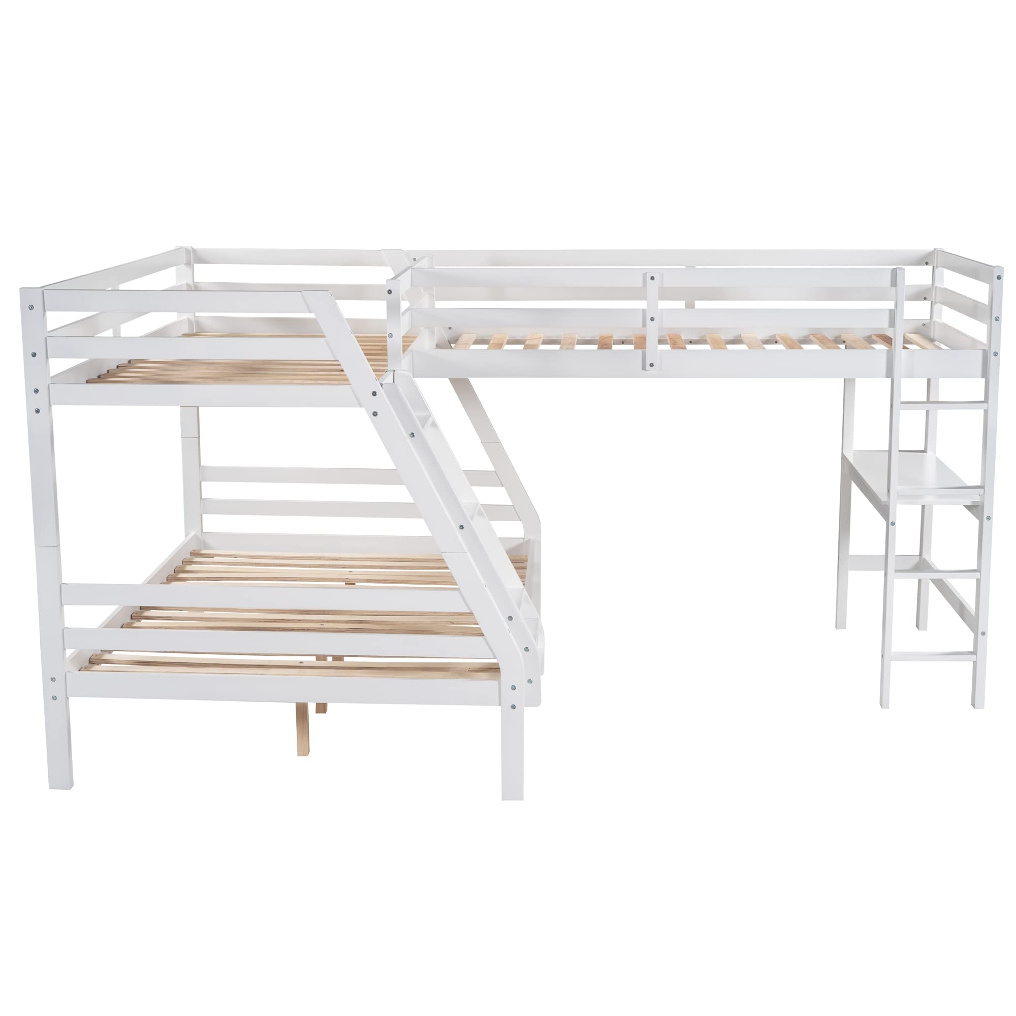 SOFTSEA L-Shaped Corner Bunk Bed with Built-in Desk for 3 Kids - Twin Over Full Triple Bunk Bed & Twin Loft Bed for Teens - Space Saving Kids Bedroom Furniture for Small Rooms, Dorm, or Shared Bedrooms