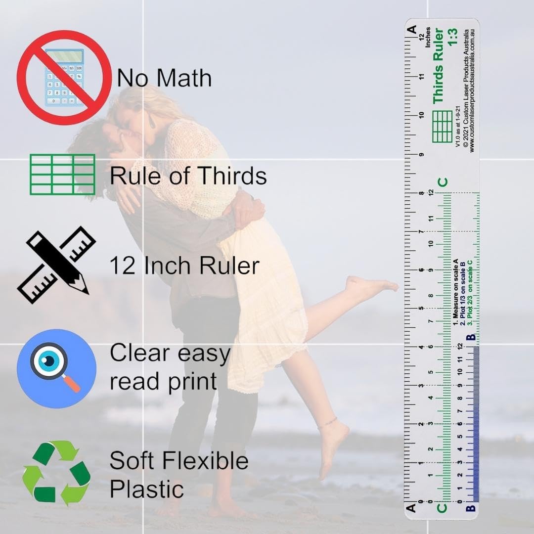 12 Inch Flexible No-Math Rule of Thirds Clear Plastic Ruler - Perfect for Photography, Design & Craft Projects - Essential Tool for Artists, Architects & Students