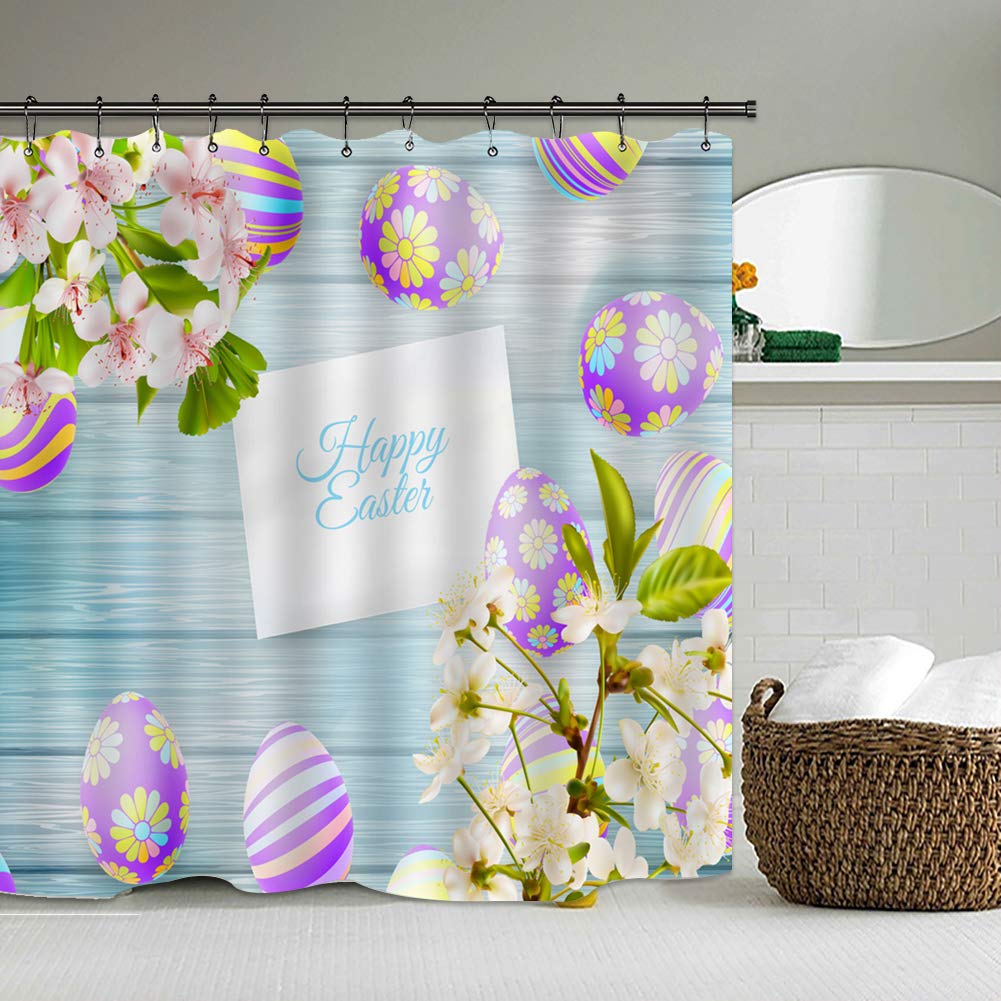 Easter Shower Curtain Set - 4PCS Spring Bunny Rabbit Egg Design with Non-Slip Bath Mat, Toilet Lid Cover & Hooks | Waterproof Bathroom Decor for Easter Celebration | Perfect for Holiday Home Decor & Gift Giving