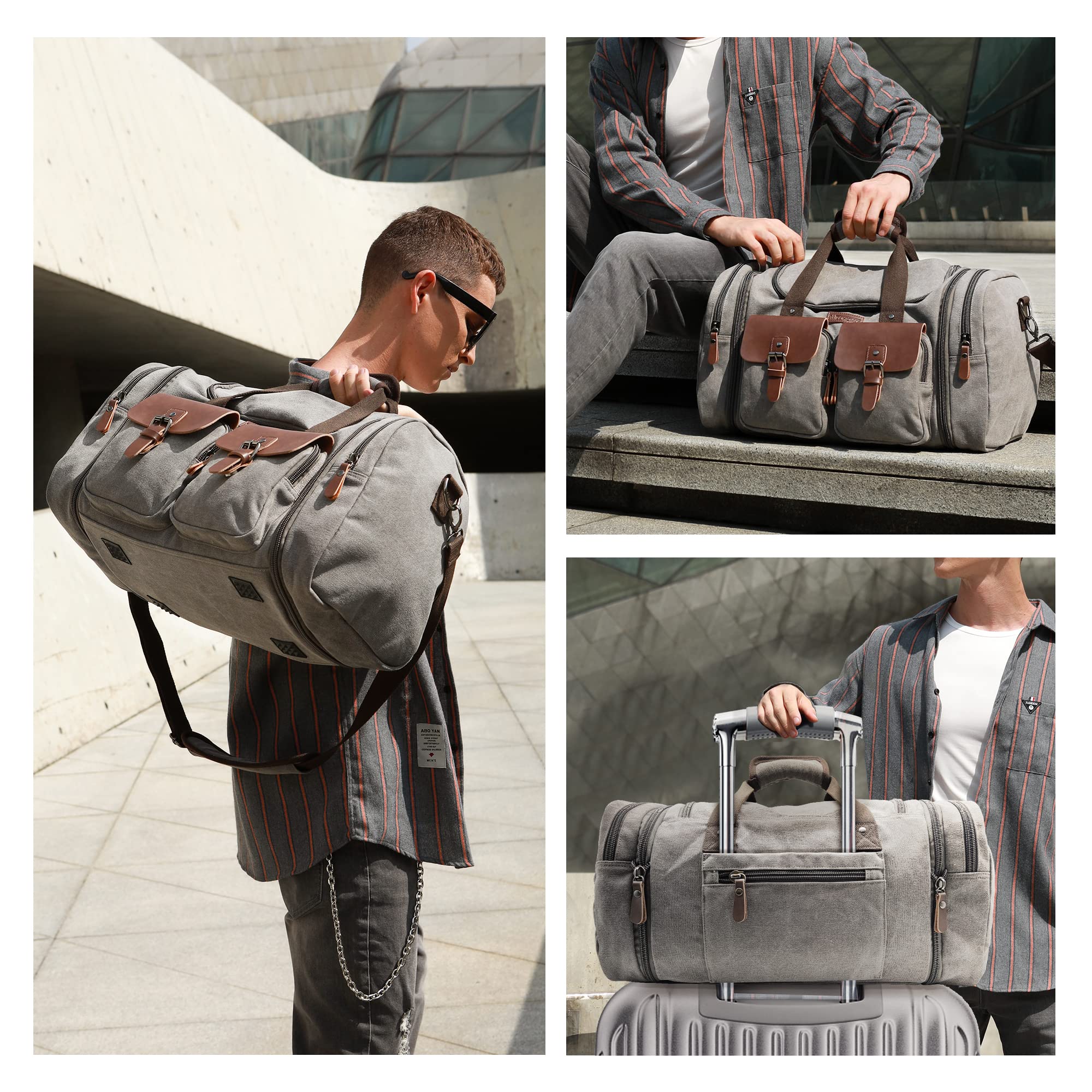 Wildroad 50L Expandable Travel Duffel Bag - Waterproof Canvas & Genuine Leather Weekender Carry On Bag for Men & Women - Perfect for Overnight Trips, Gym, Camping & Business Travel