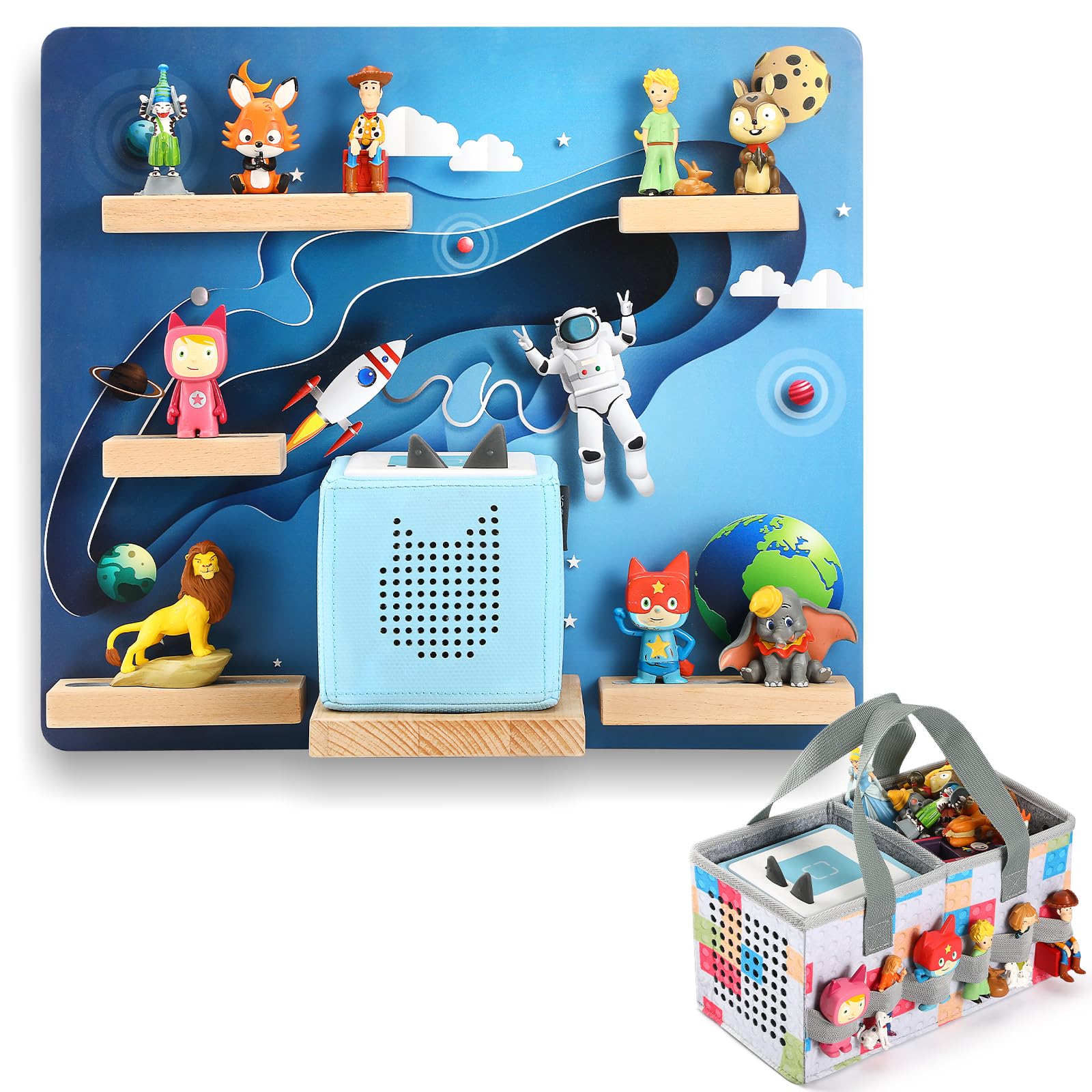OUKNAK Floating Shelf for Toniebox - Wall Mount Magnetic Wooden Shelf with Carrying Case - Compatible with Tonie Audio Player & Figures - Perfect for Kids Room, Nursery Decor (Astronaut Theme) - Great for Organizing Toys & Displaying Collectibles